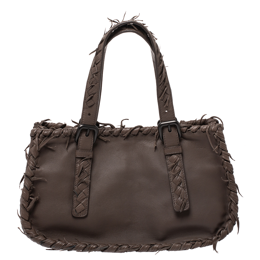 Image of Bottega Veneta Taupe Intrecciato Leather Fringe Satchel