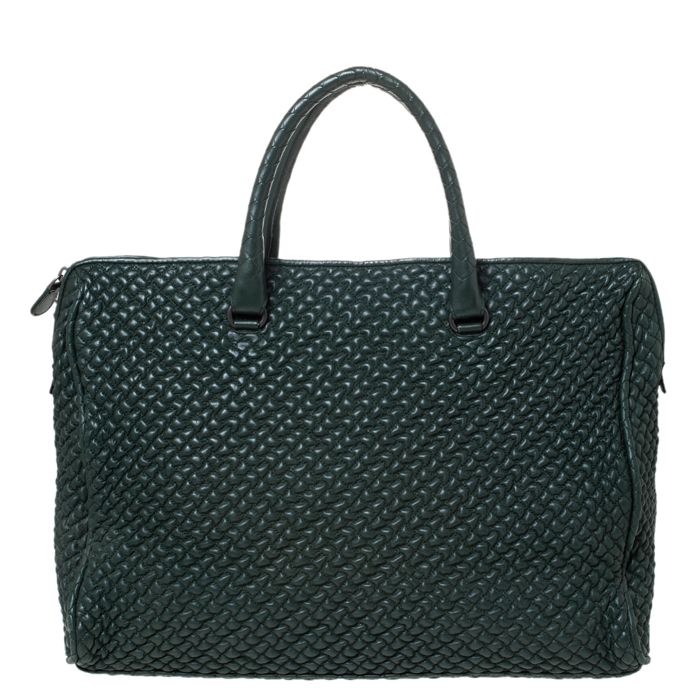 Image of Bottega Veneta Dark Green Bubble Quilted Leather Zip Satchel
