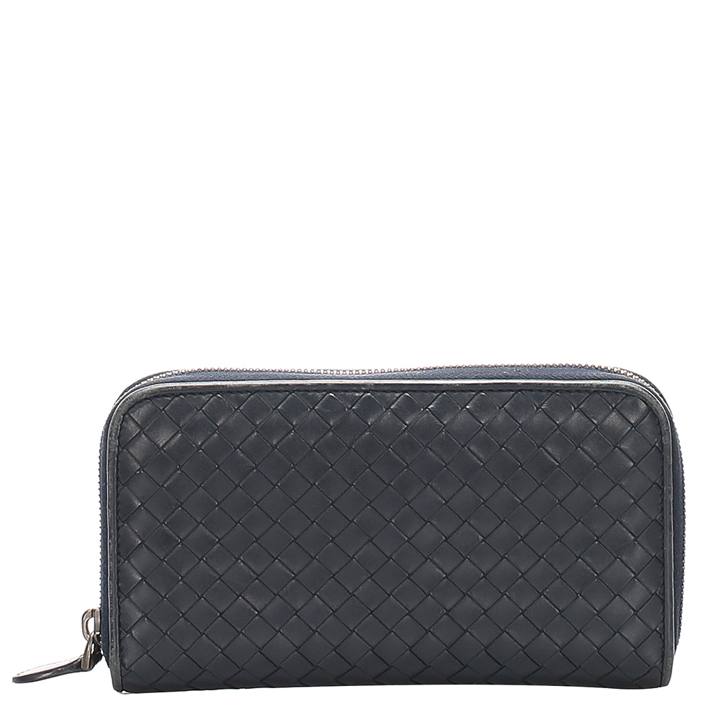 Image of Bottega Black Veneta Intrecciato Leather Zip Around Wallet