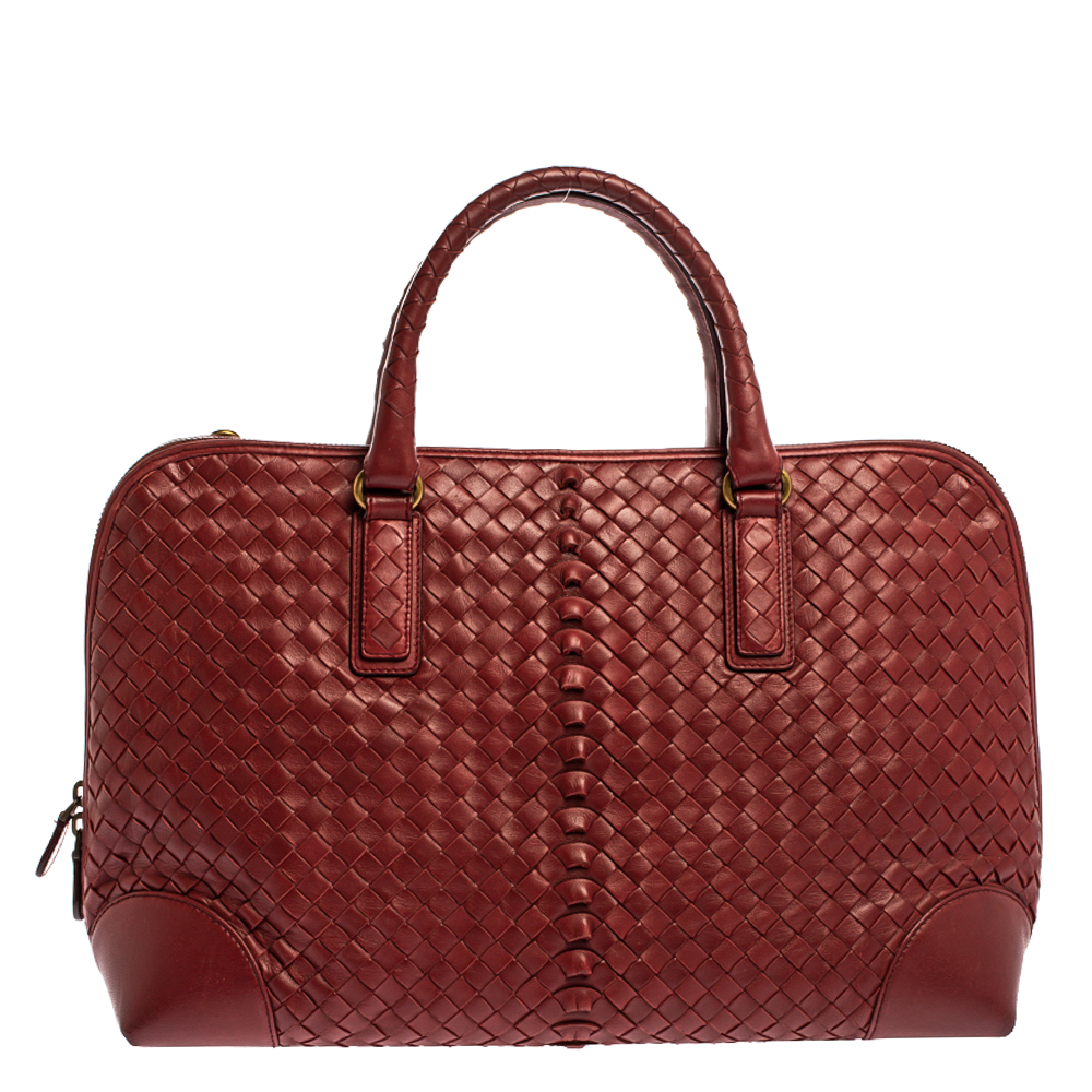 Image of Bottega Veneta Red Intrecciato Leather Satchel