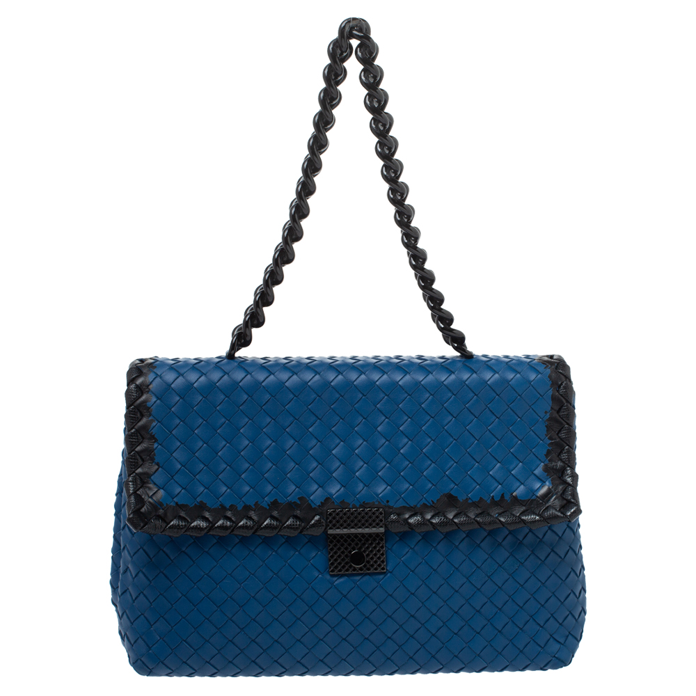 Image of Bottega Veneta Blue Intrecciato Leather Flap Chain Shoulder Bag
