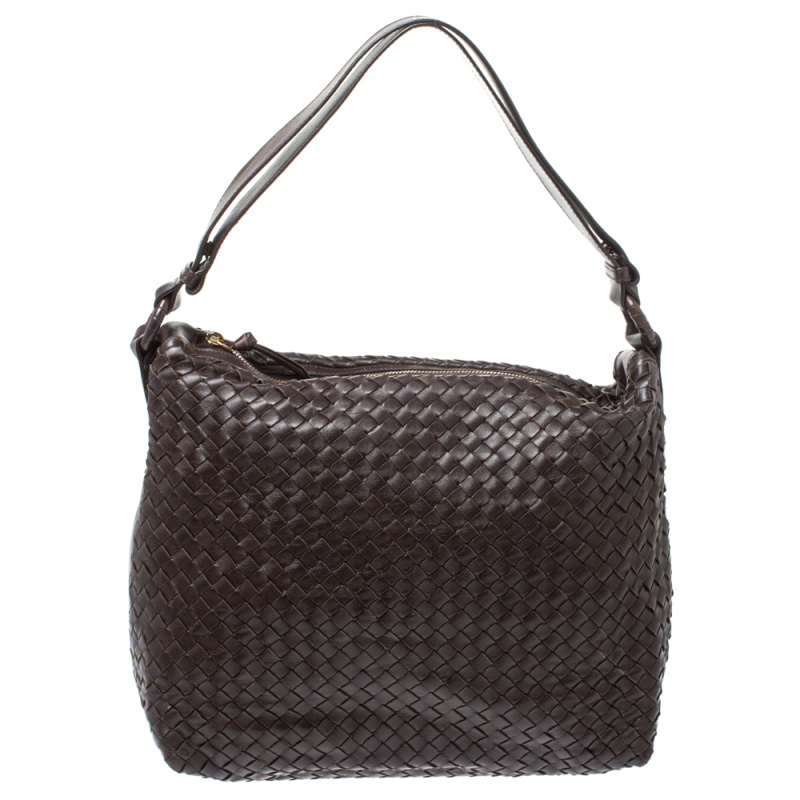Image of Bottega Veneta Dark Brown Intrecciato Leather Pyramid Shoulder Bag