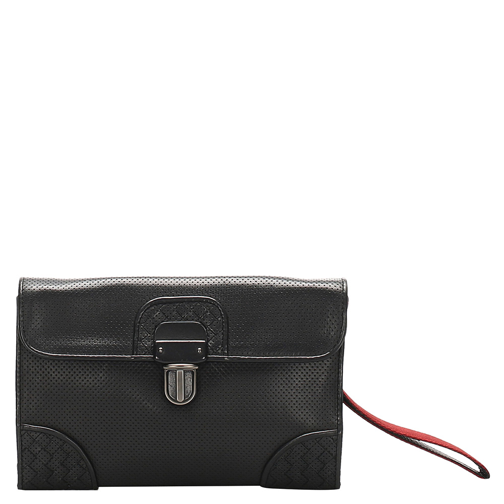 Image of Bottega Veneta Black Leather Intrecciato Perforated Clutch Bag