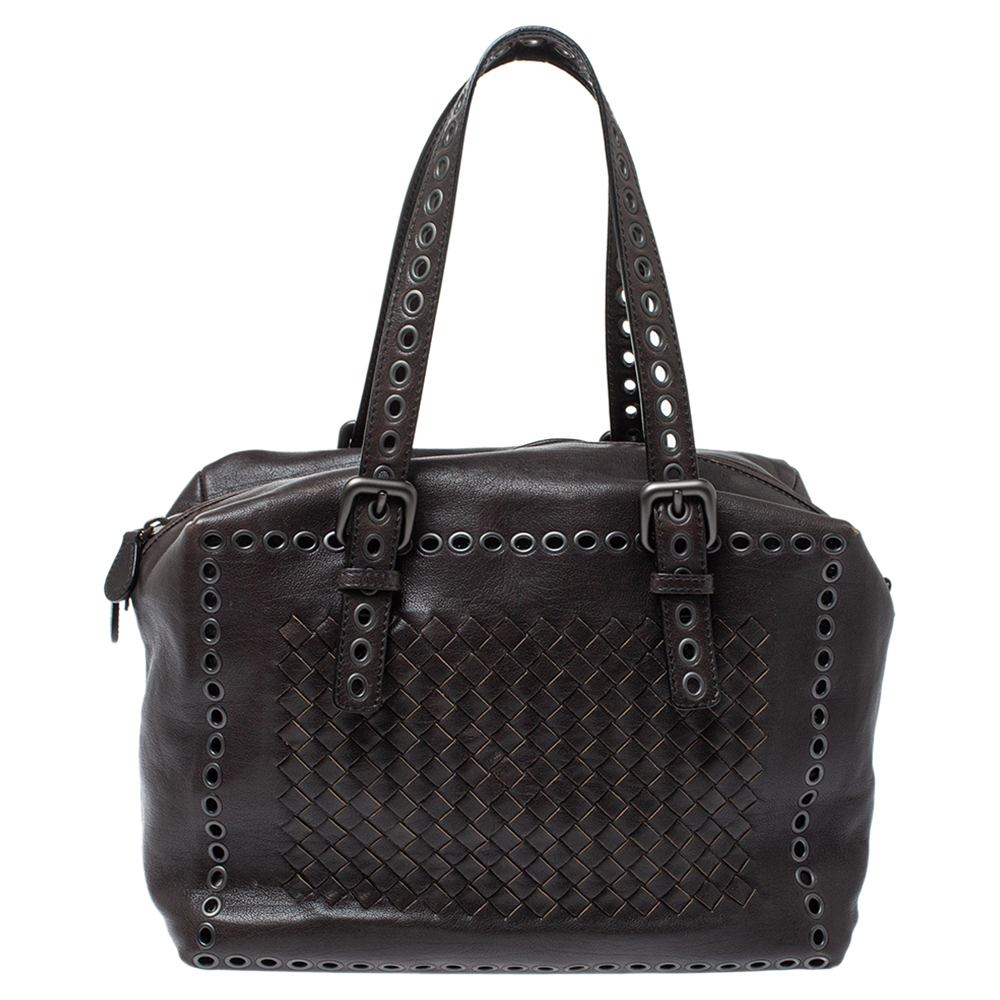 Image of Bottega Veneta Dark Grey Intrecciato Leather Grommet Satchel