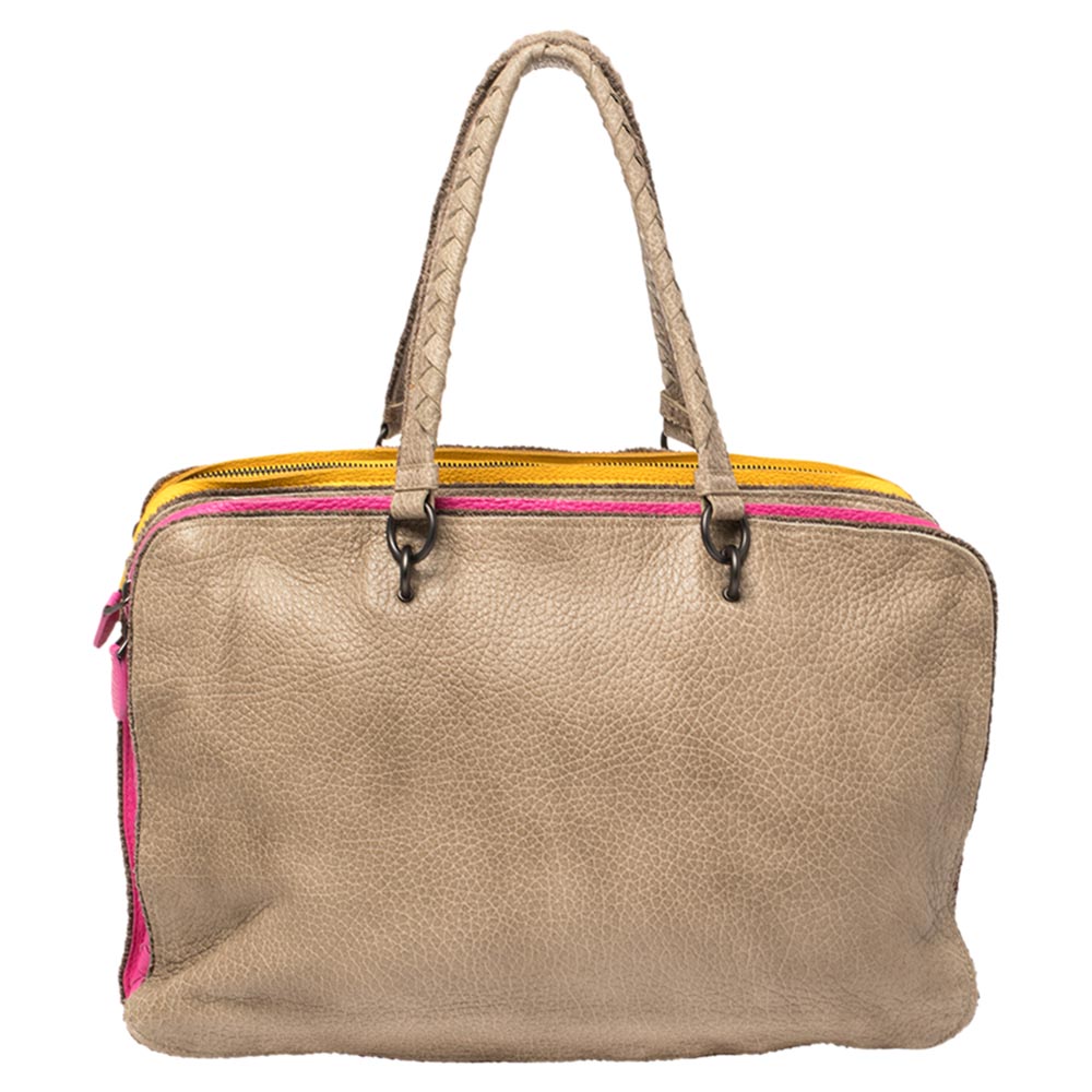 Image of Bottega Veneta Multicolor Pebbled Leather Double Zip Satchel