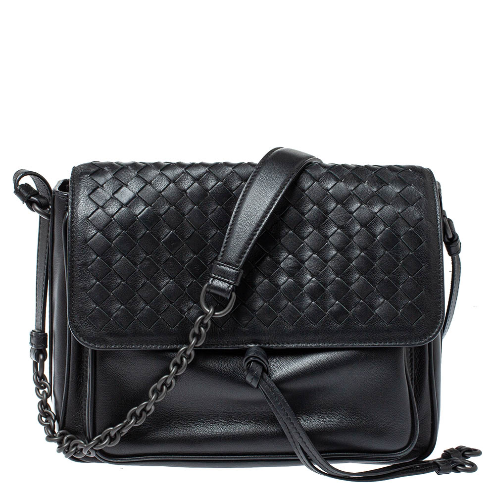 Image of Bottega Veneta Black Intrecciato Leather Flap Shoulder Bag