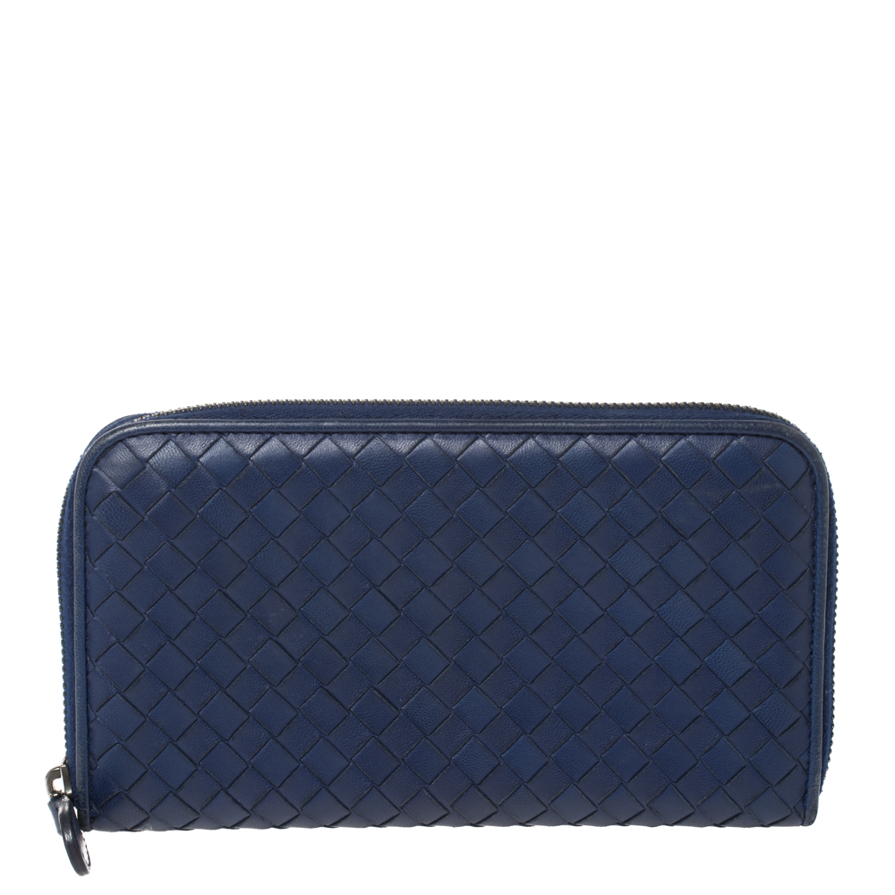 Image of Bottega Veneta Blue Intrecciato Leather Zip Around Wallet