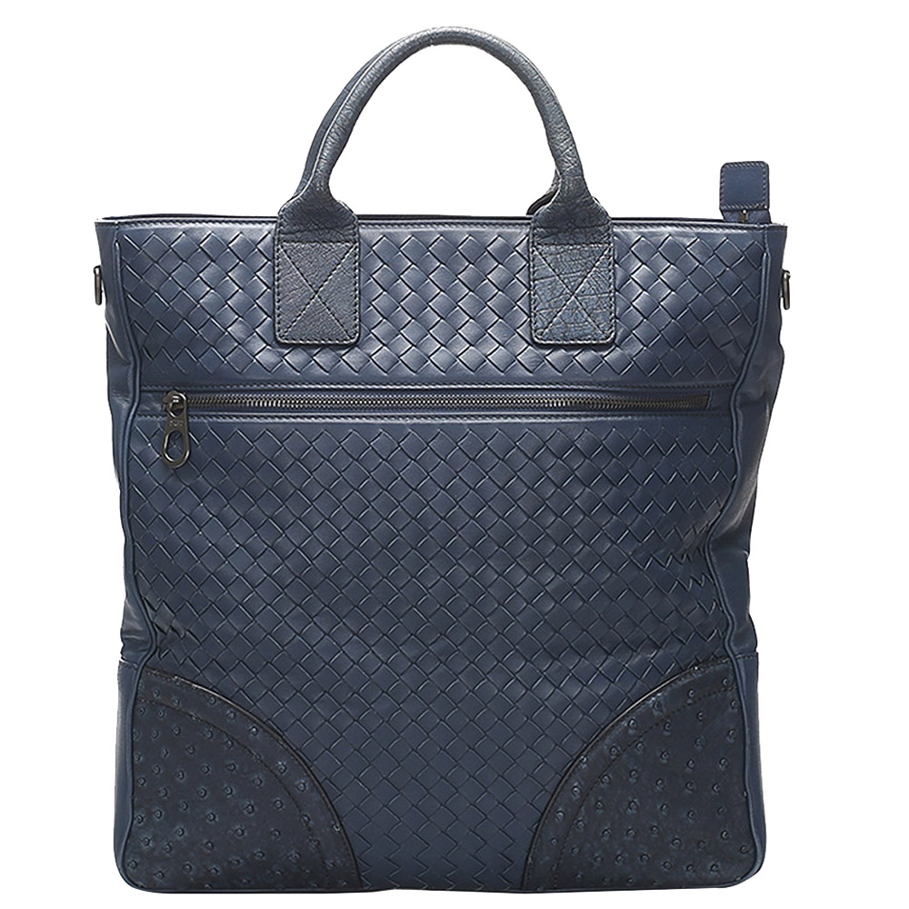 Image of Bottega Veneta Blue Intrecciato Leather Satchel
