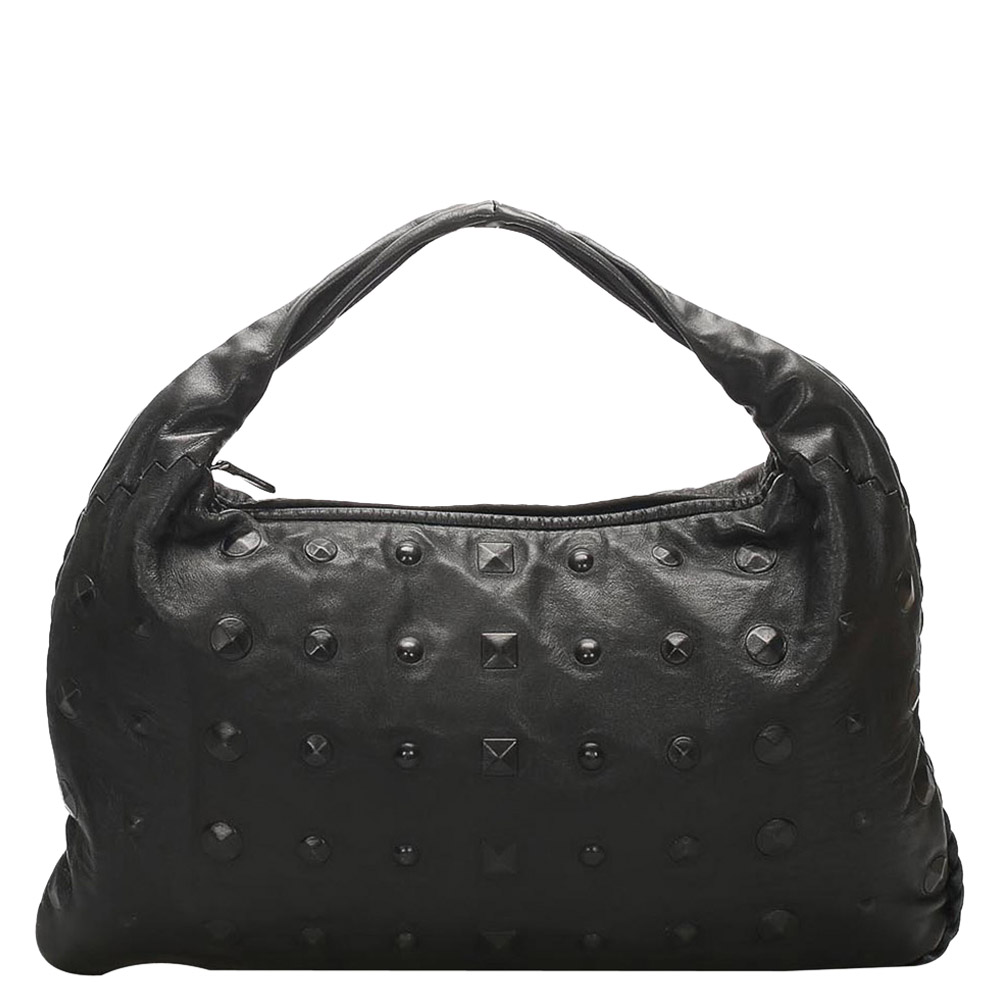 Image of Bottega Veneta Black Studded Leather Hobo Bag