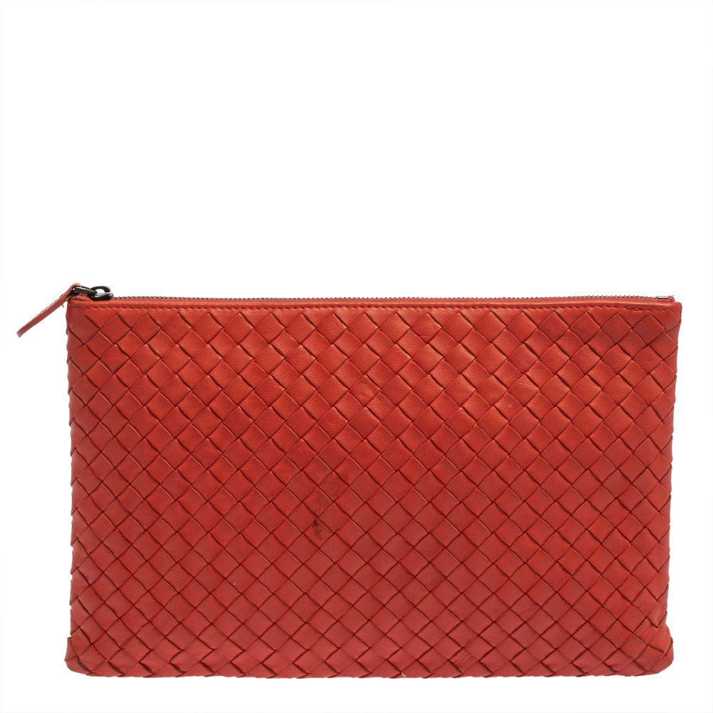 Bottega Veneta Coral Red Intrecciato Leather Clutch Bag