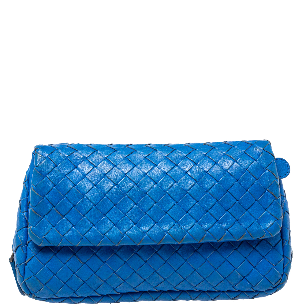 Bottega Veneta Blue Intrecciato Leather Flap Chain Crossbody Bag