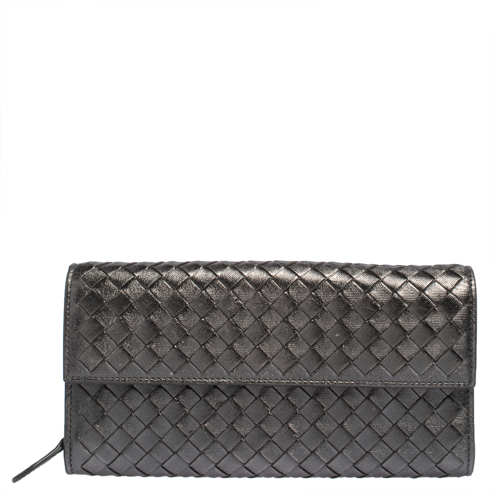 Bottega Veneta Metallic Grey Intrecciato Leather Flap Continental Wallet