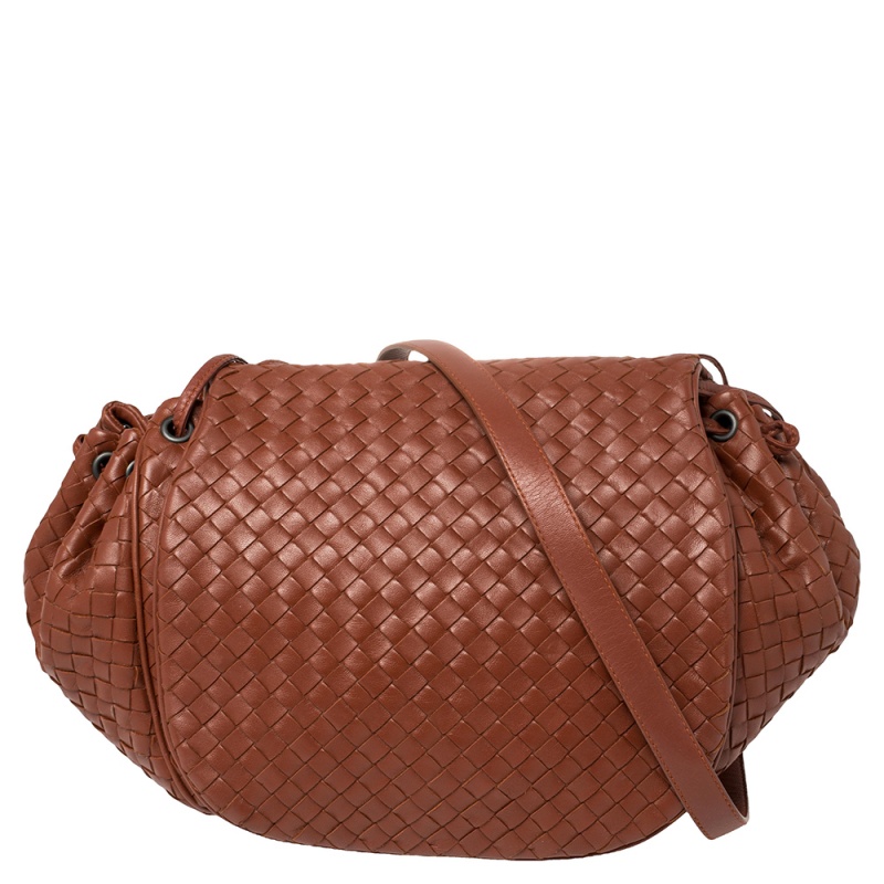 Bottega Veneta Cinnamon Brown Intrecciato Leather Drawstring Flap Crossbody Bag