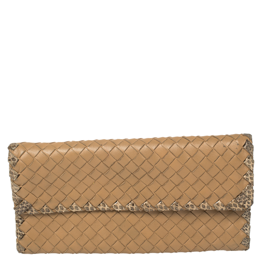 Bottega Veneta Beige Intrecciato Leather and Snakeskin Continental Wallet