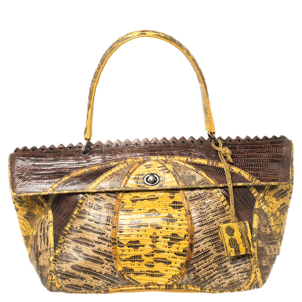 Bottega Veneta Yellow/Brown Tejus Lizard Prezioso Top Handle Bag