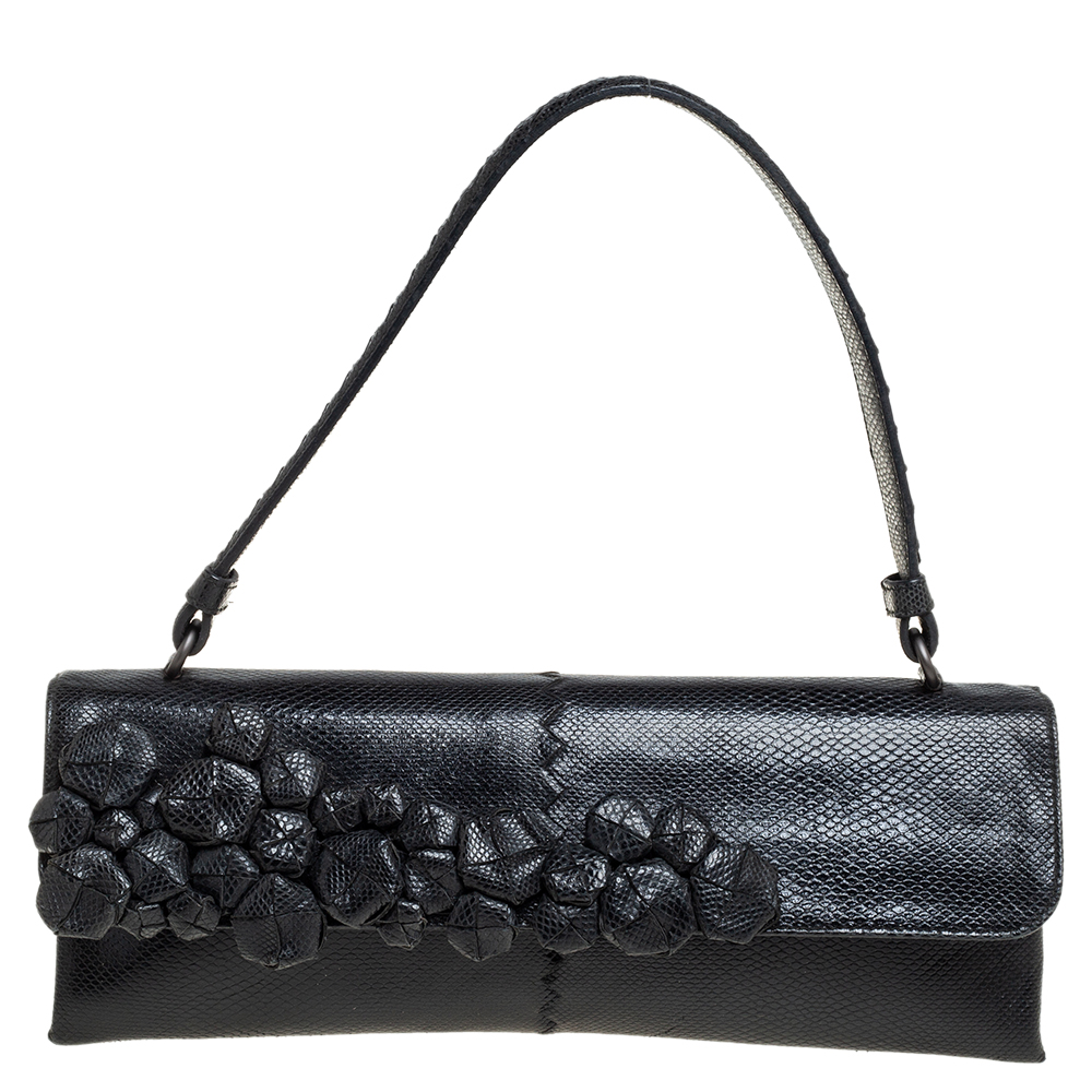 Bottega Veneta Black Snakeskin Floral Applique Flap Baguette Bag