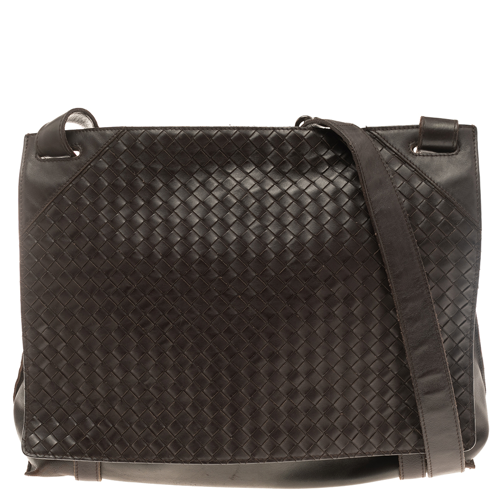 Bottega Veneta Brown Leather Intrecciato Messenger Bag