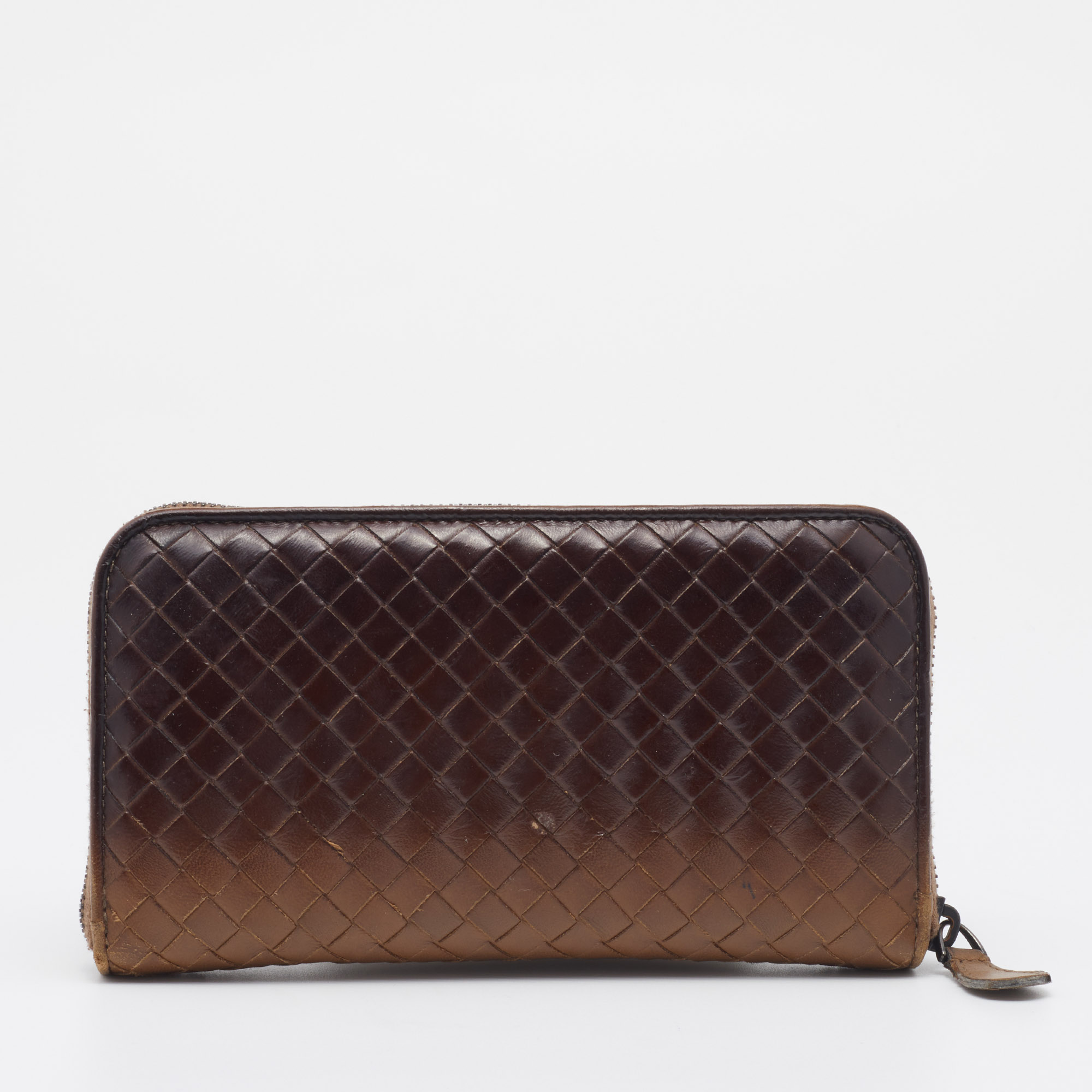 Bottega Veneta Brown Two-Tone Intrecciato Leather Zip Around Wallet