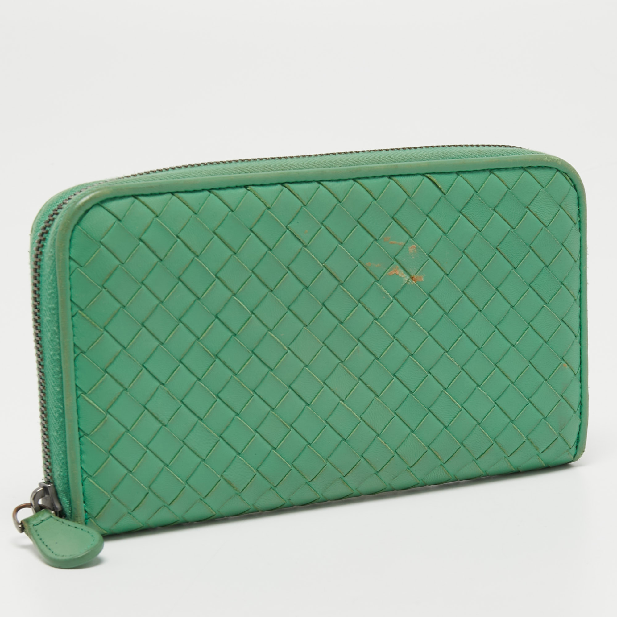 Bottega Veneta Green Intrecciato Leather Zip Around Wallet