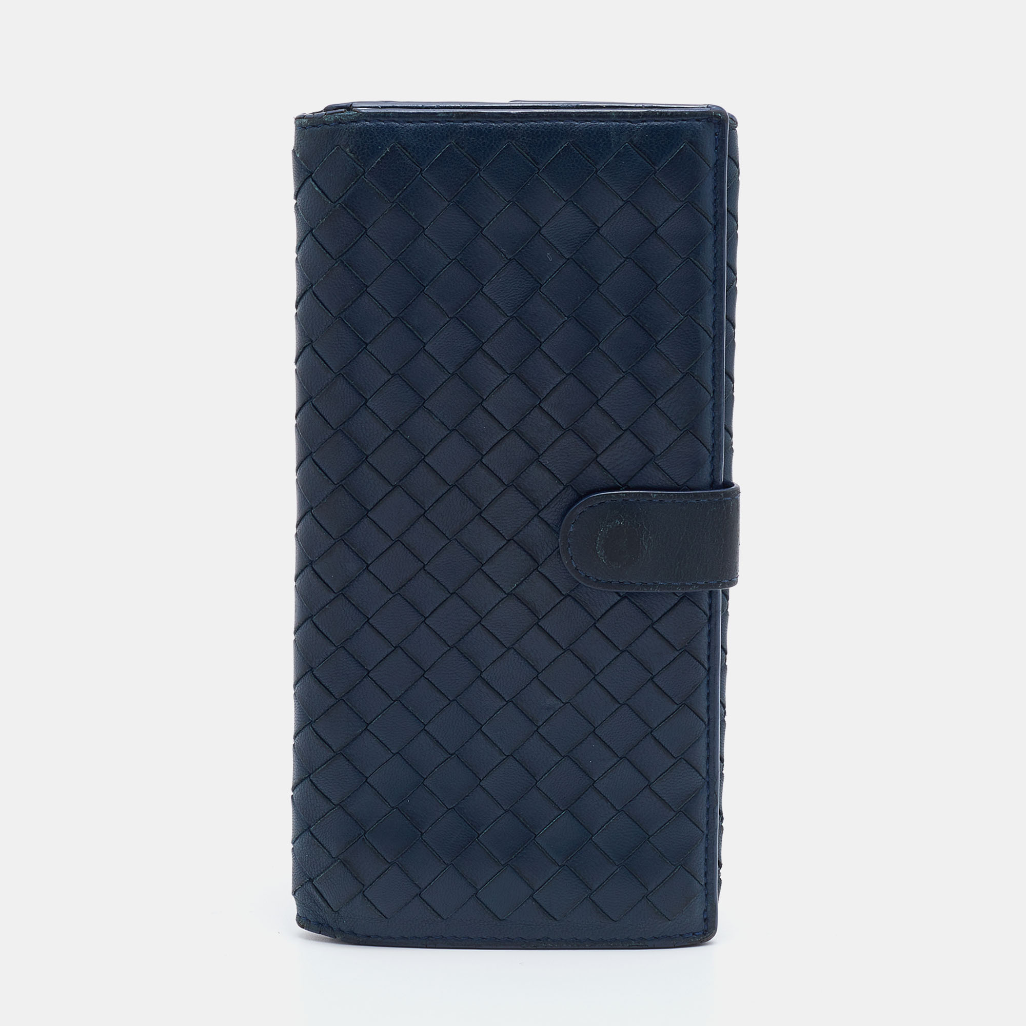 Bottega veneta blue intrecciato leather flap continental wallet