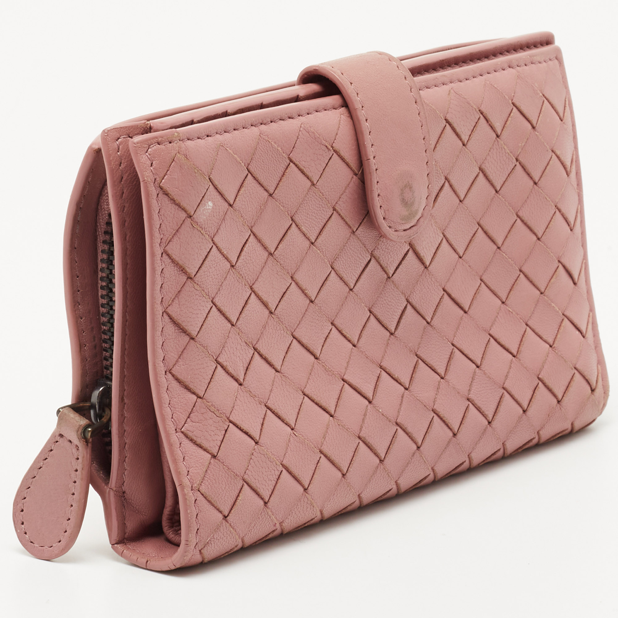 Bottega Veneta Pink Intrecciato Leather French Compact Wallet