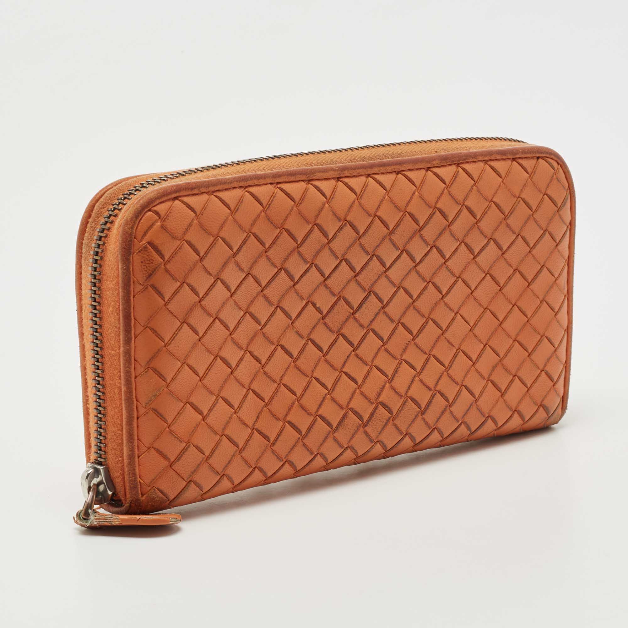 Bottega Veneta Orange Intrecciato Leather Zip Around Continental Wallet