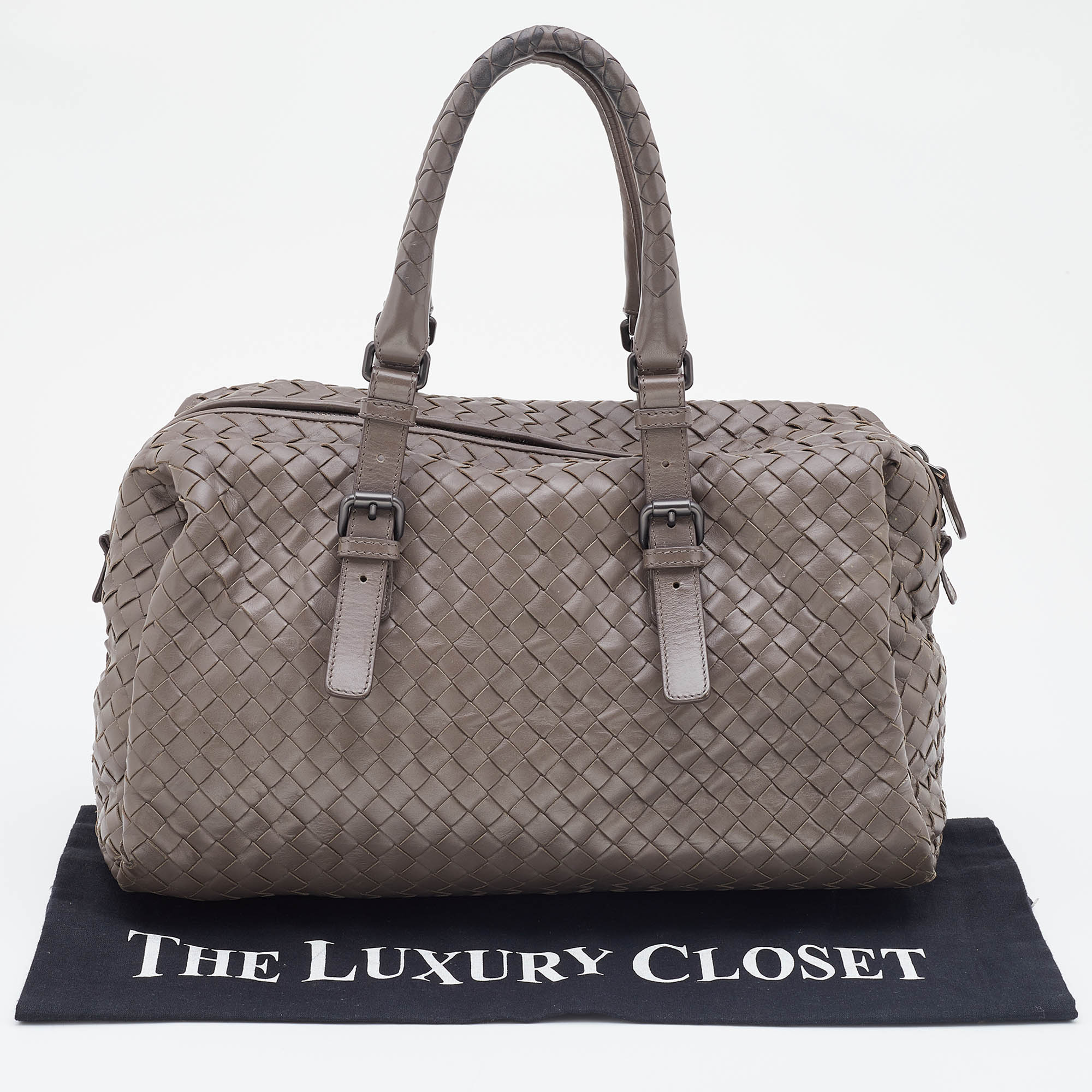 Bottega Veneta Grey Intrecciato Leather Boston Zip Bag