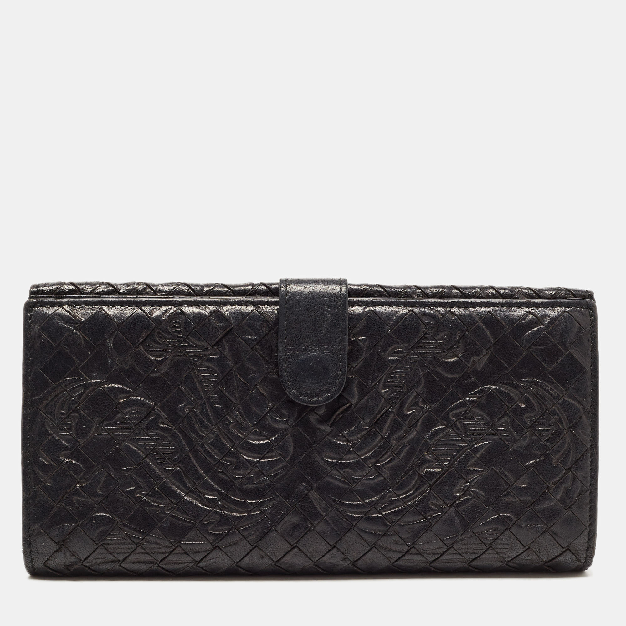 Bottega veneta black intrecciato leather flap continental wallet