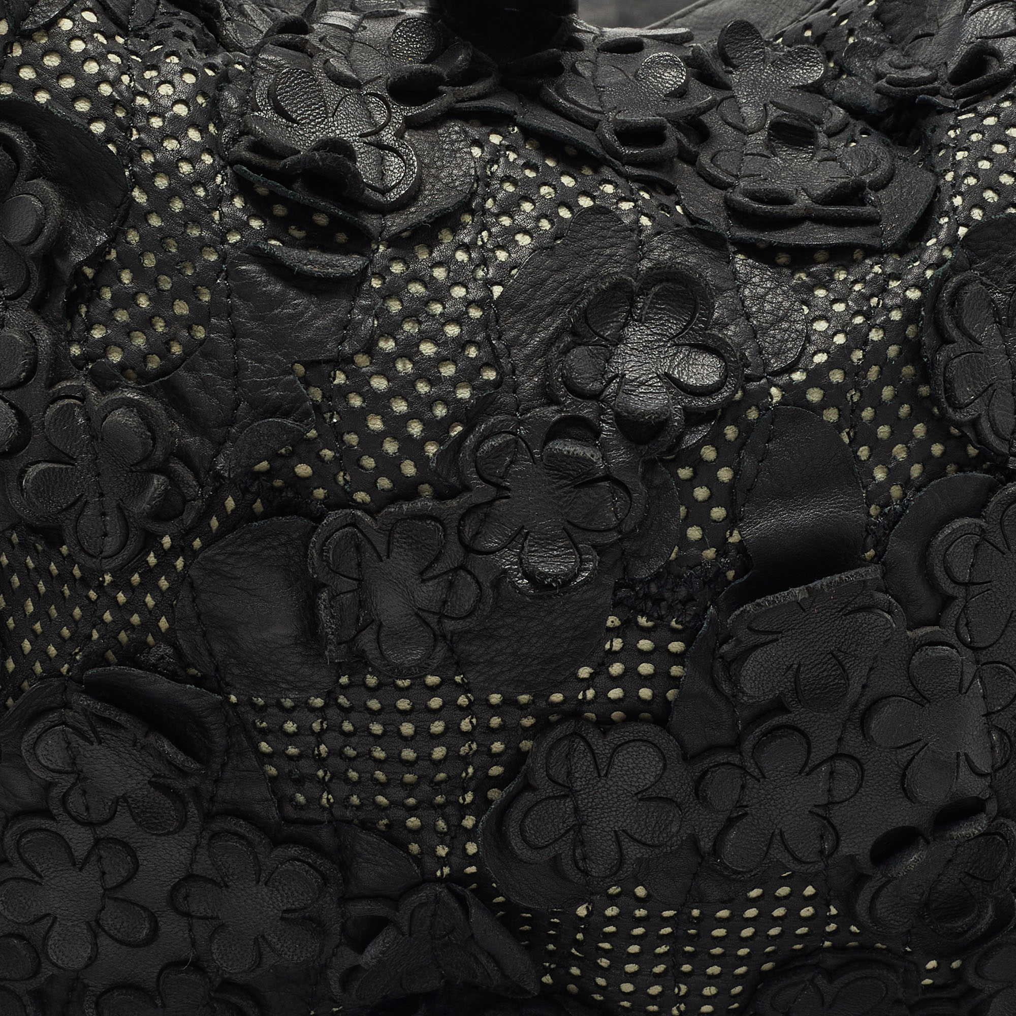 Bottega Veneta Black Lasercut Leather Floral Applique Hobo
