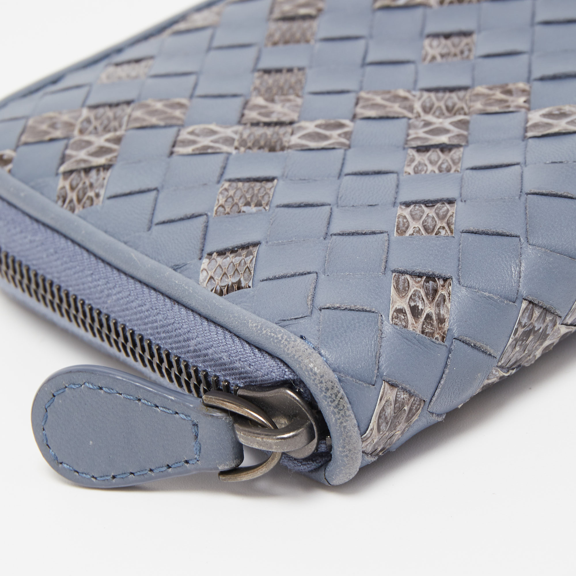 Bottega Veneta Light Blue Intrecciato Leather And Watersnake Zip Around Continental Wallet