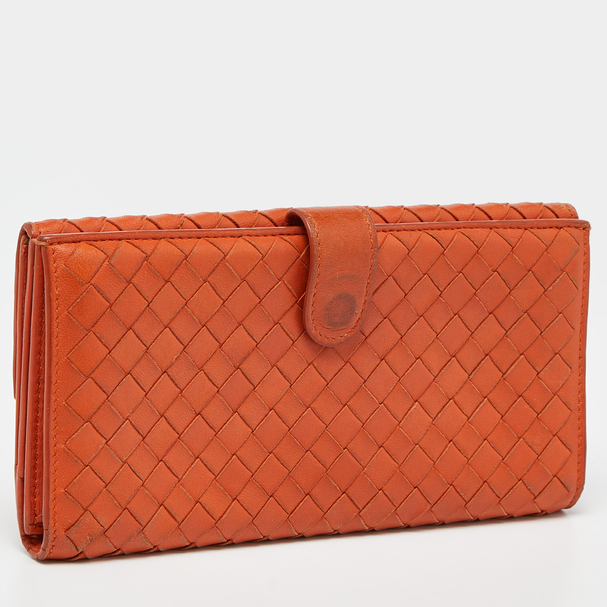 Bottega Veneta Orange Intrecciato Leather Flap Continental Wallet