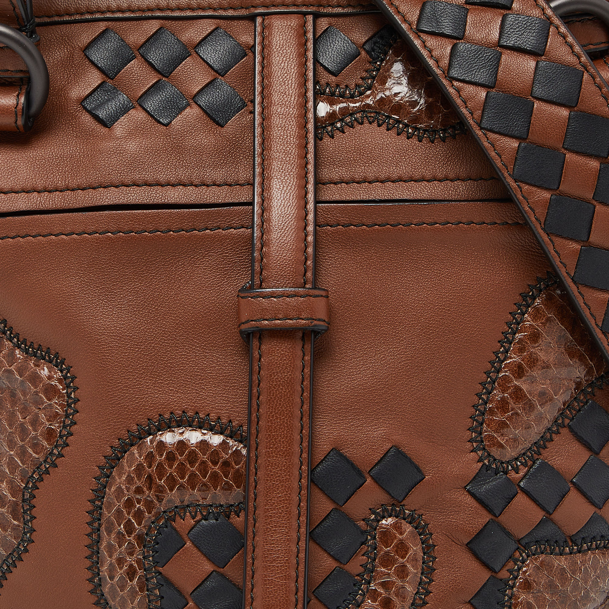 Bottega Veneta Brown/Black Intrecciato Leather And Watersnake Leather Satchel