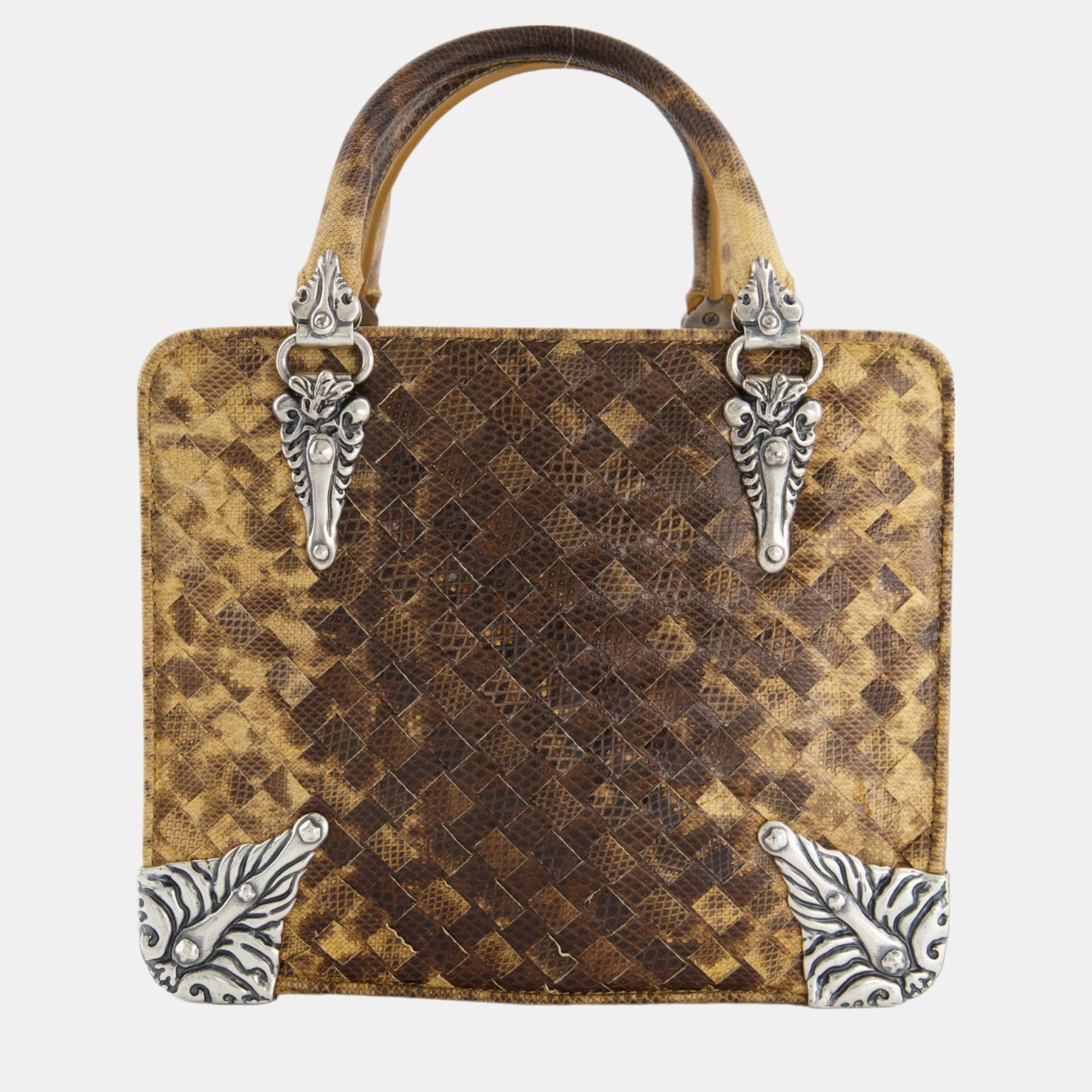 Bottega Veneta Vintage Python Brown Hand Bag With Silver Hardware