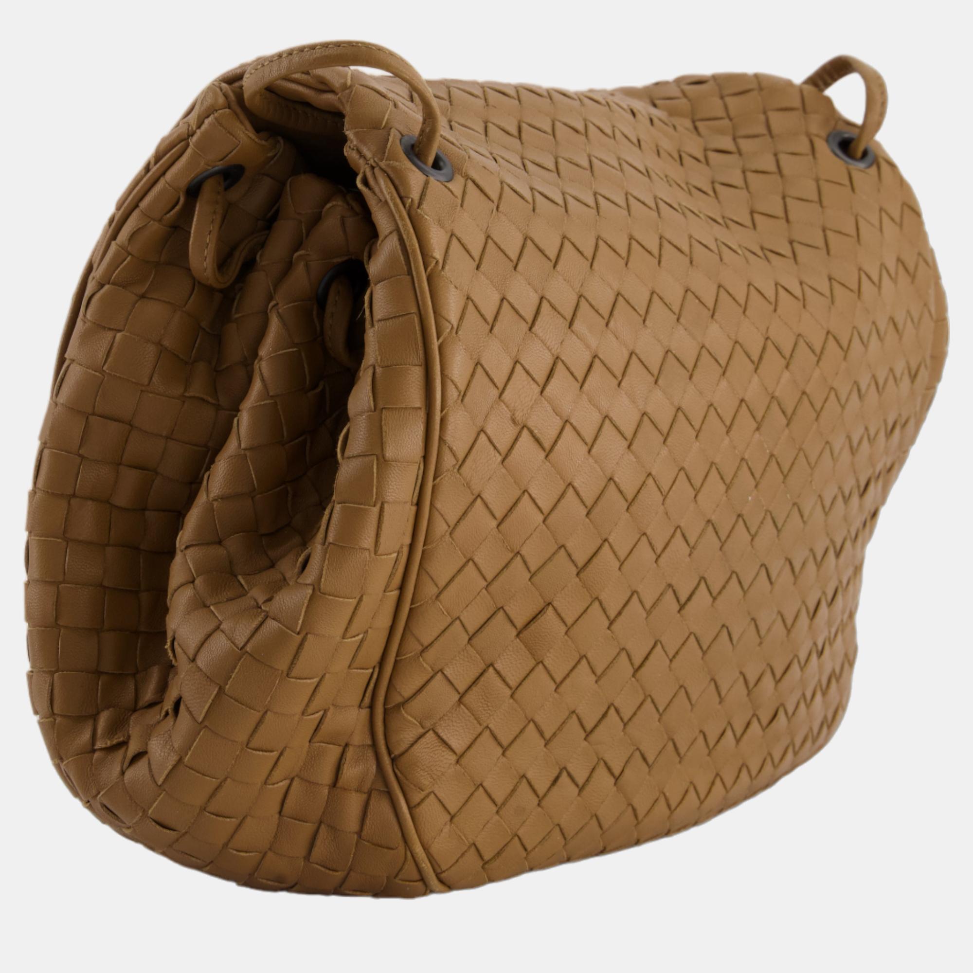 Bottega Brown Leather Intrecciato Shoulder Bag With Black Hardware