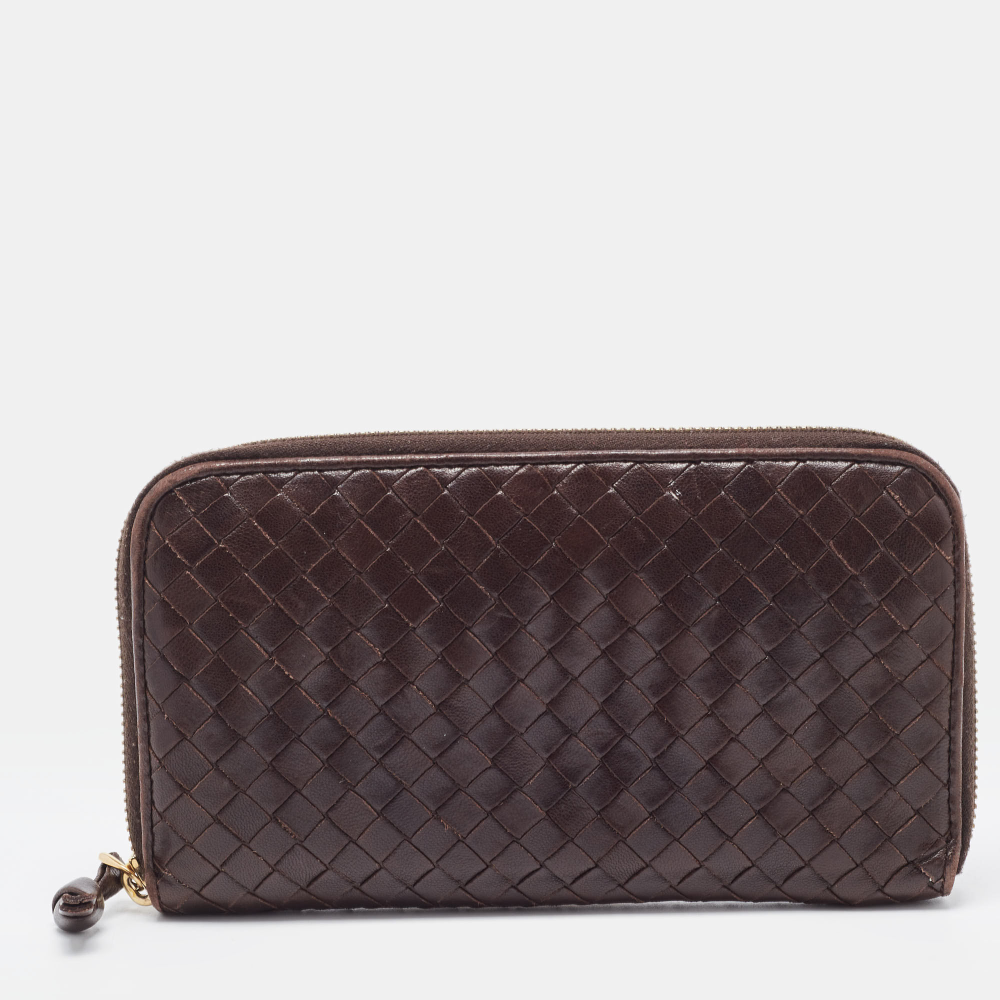 Bottega Veneta Dark Brown Intrecciato Leather Zip Around Wallet