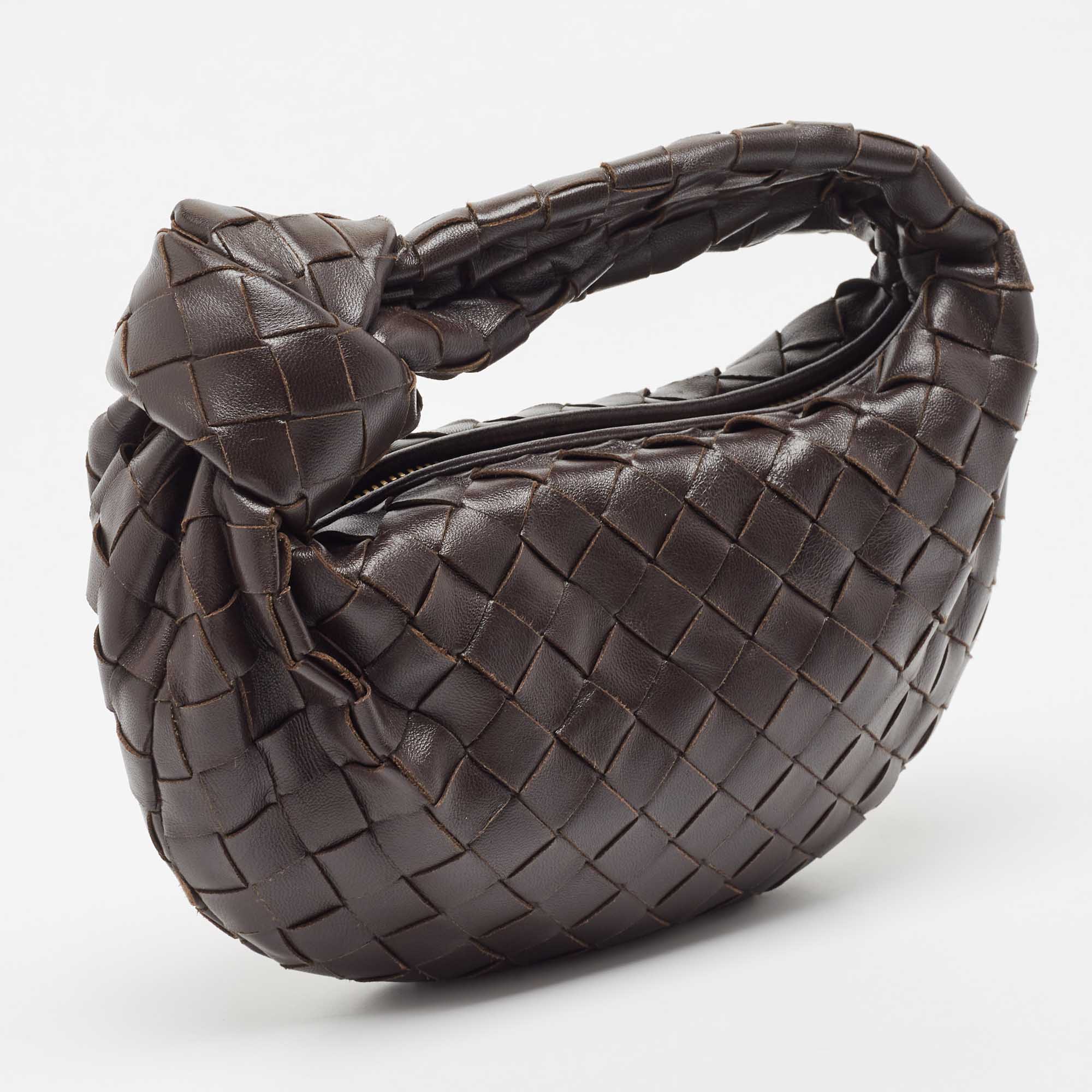 Bottega Veneta Dark Brown Leather Intrecciato Mini Jodie Top Handle Bag