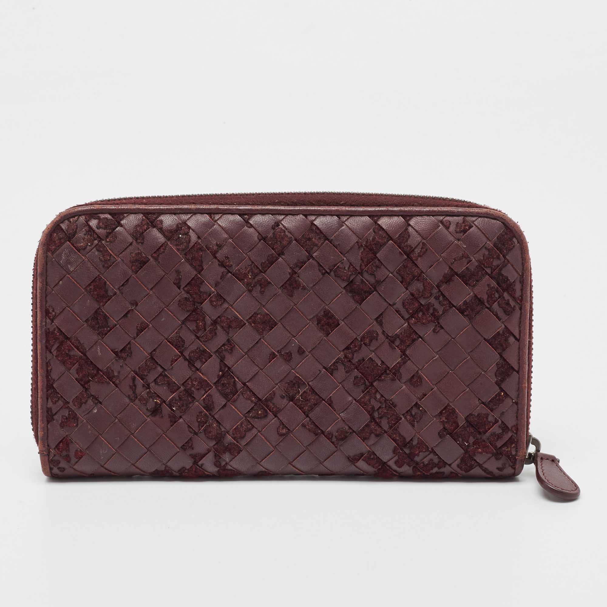 Bottega Veneta Burgundy Intrecciato Leather And Velvet Zip Around Wallet