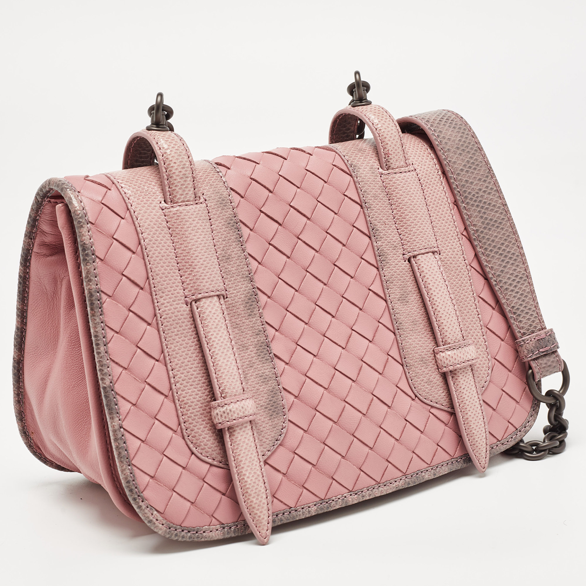 Bottega Veneta Pink Karung And Intrecciato Leather Flap Crossbody Bag