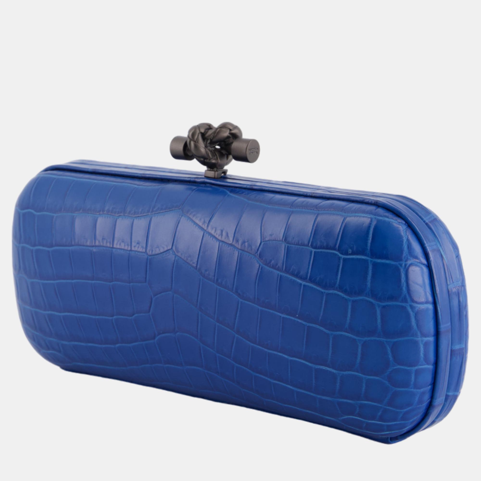 Bottega Veneta Blue Crocodile Knot Clutch Bag