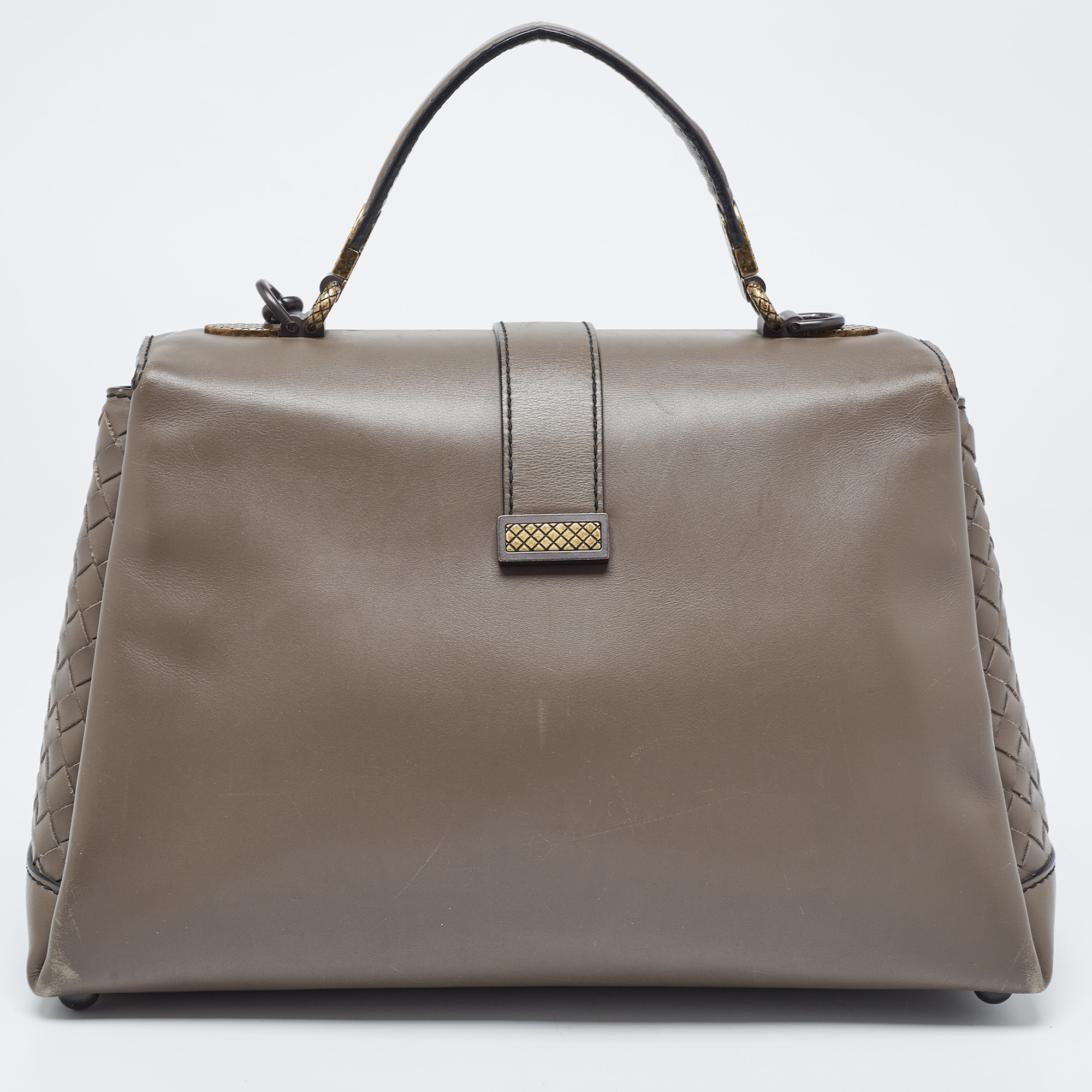 Bottega Veneta Dark Beige Leather Medium Piazza Top Handle Bag