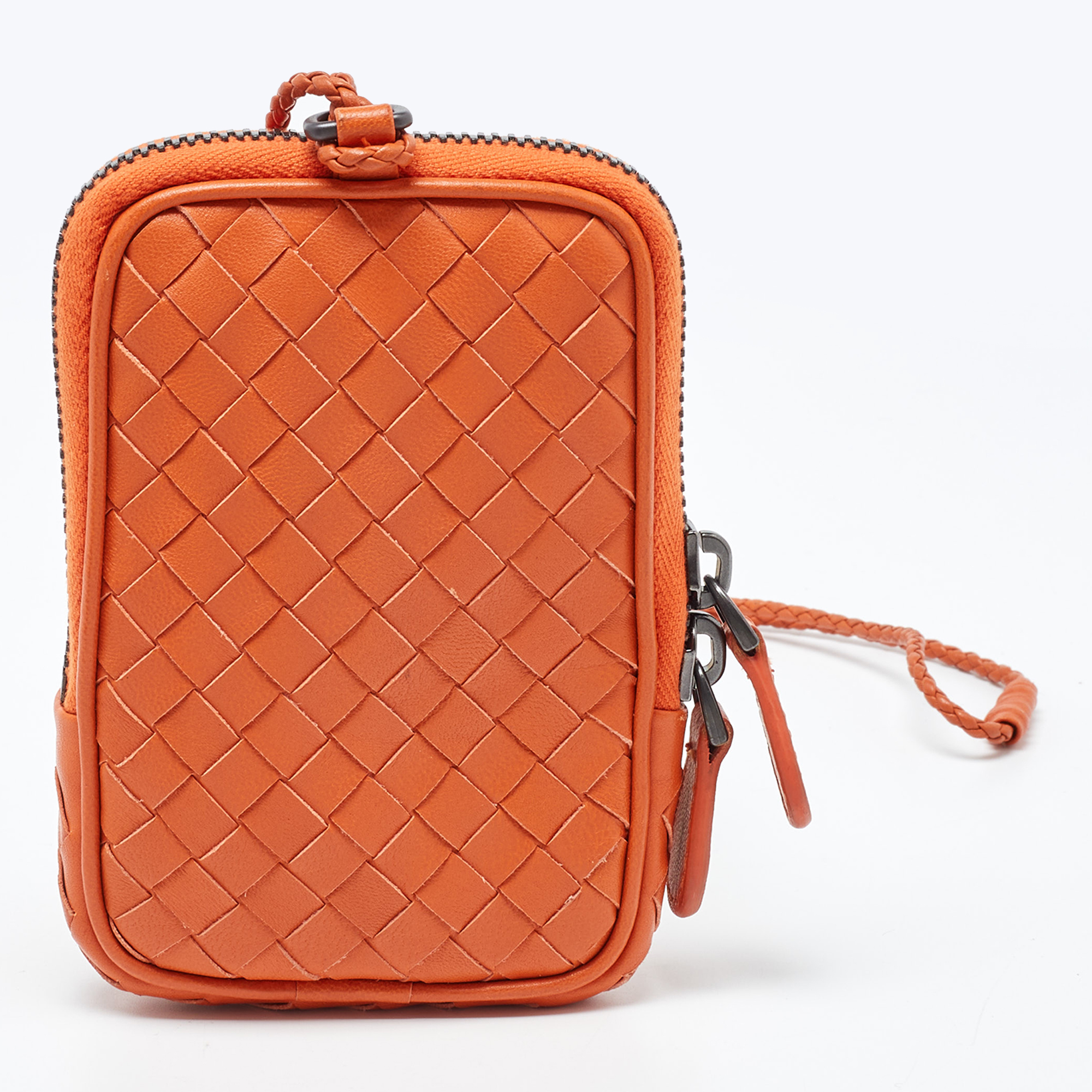 Bottega Veneta Orange Intrecciato Leather Zip Strap Pouch