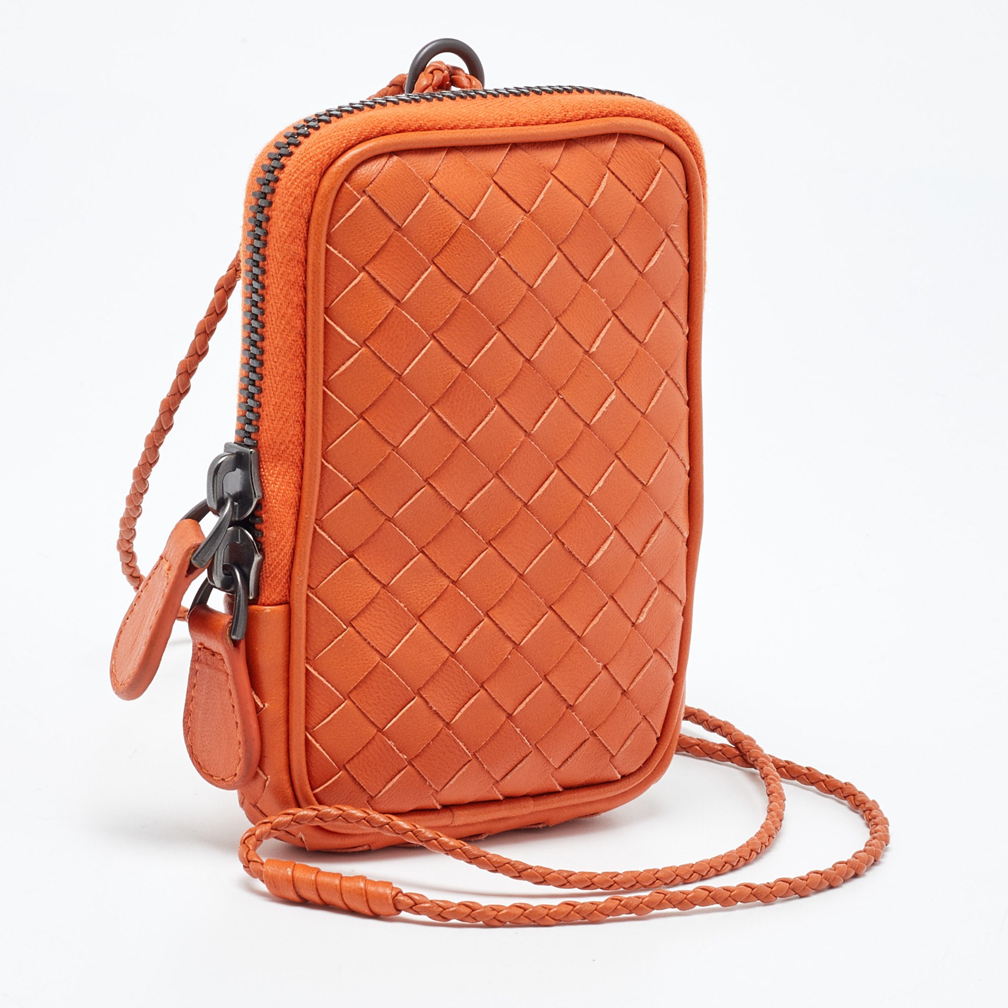 Bottega Veneta Orange Intrecciato Leather Zip Strap Pouch
