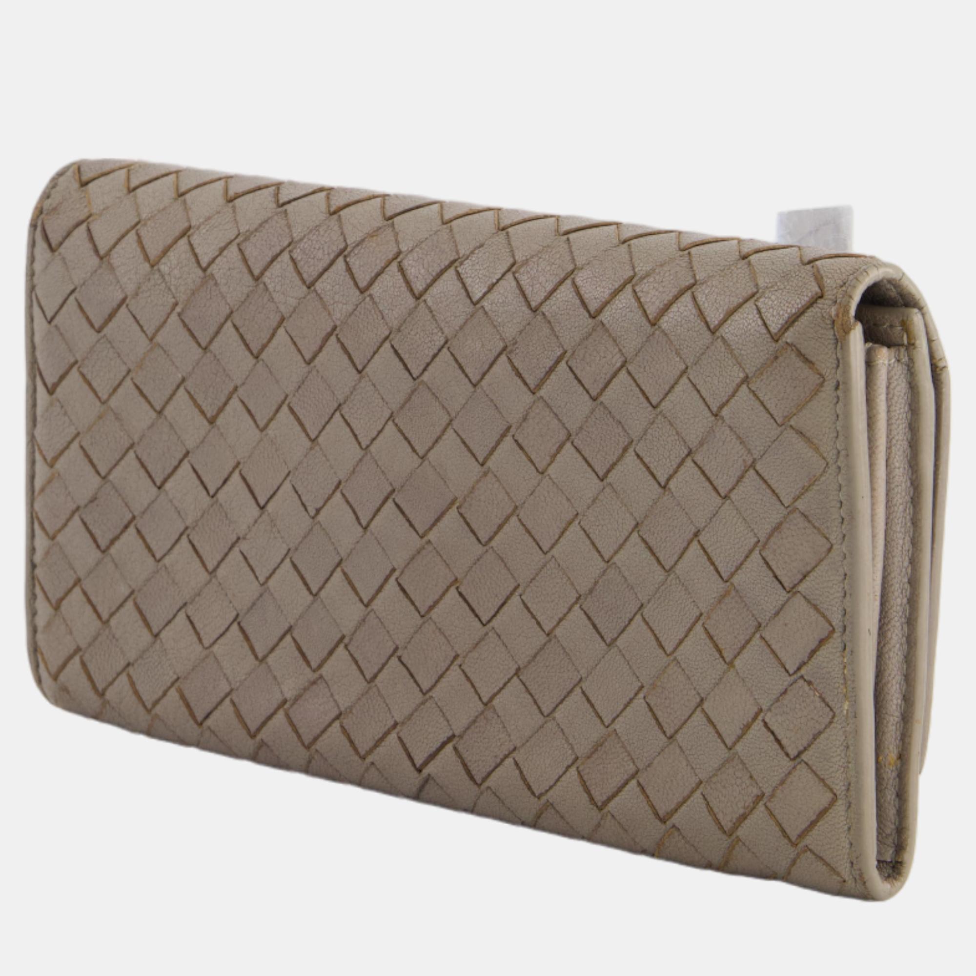 Bottega Veneta Taupe Intrecciato Wallet With Snakeskin Buckle Detail