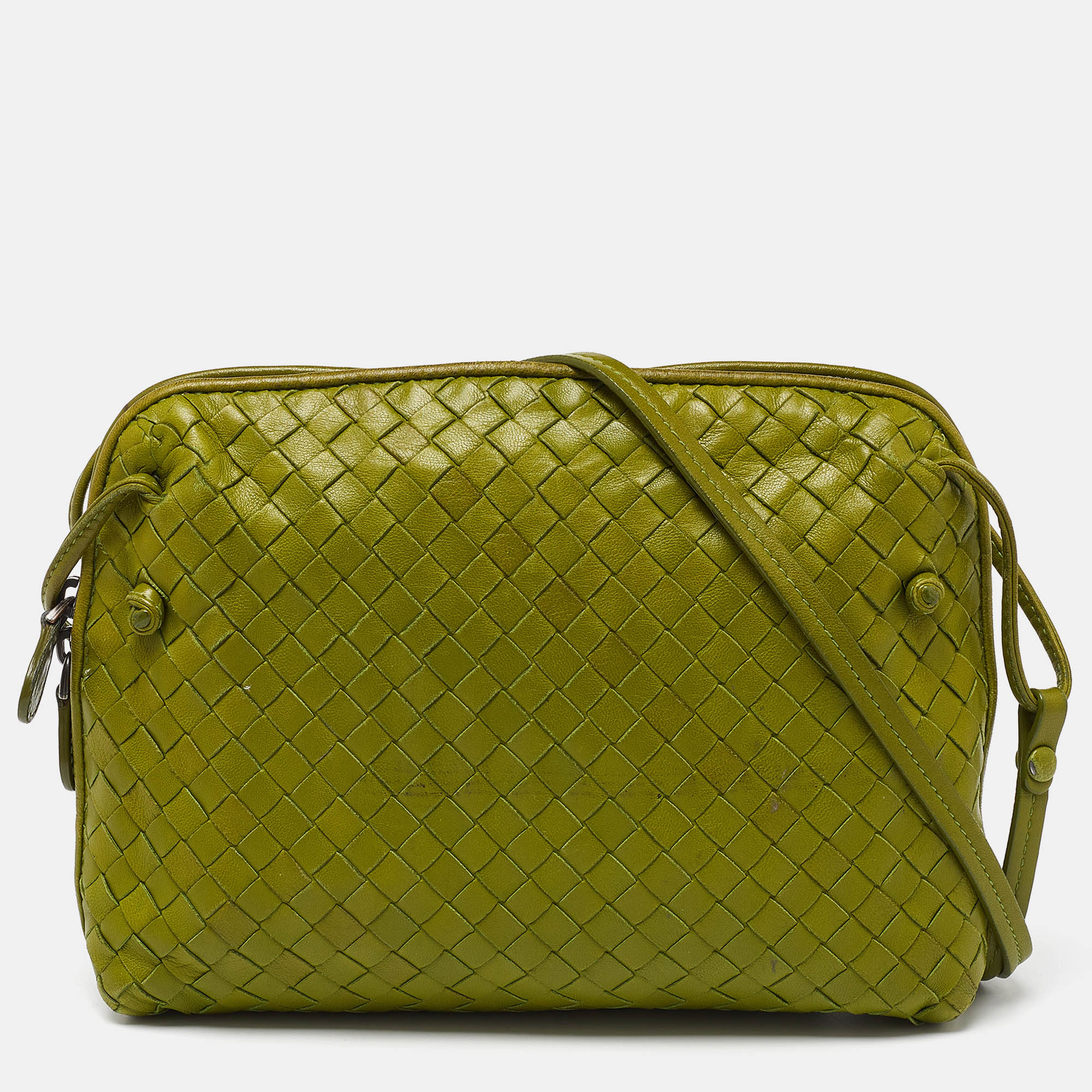 Bottega veneta green intrecciato leather nodini crossbody bag