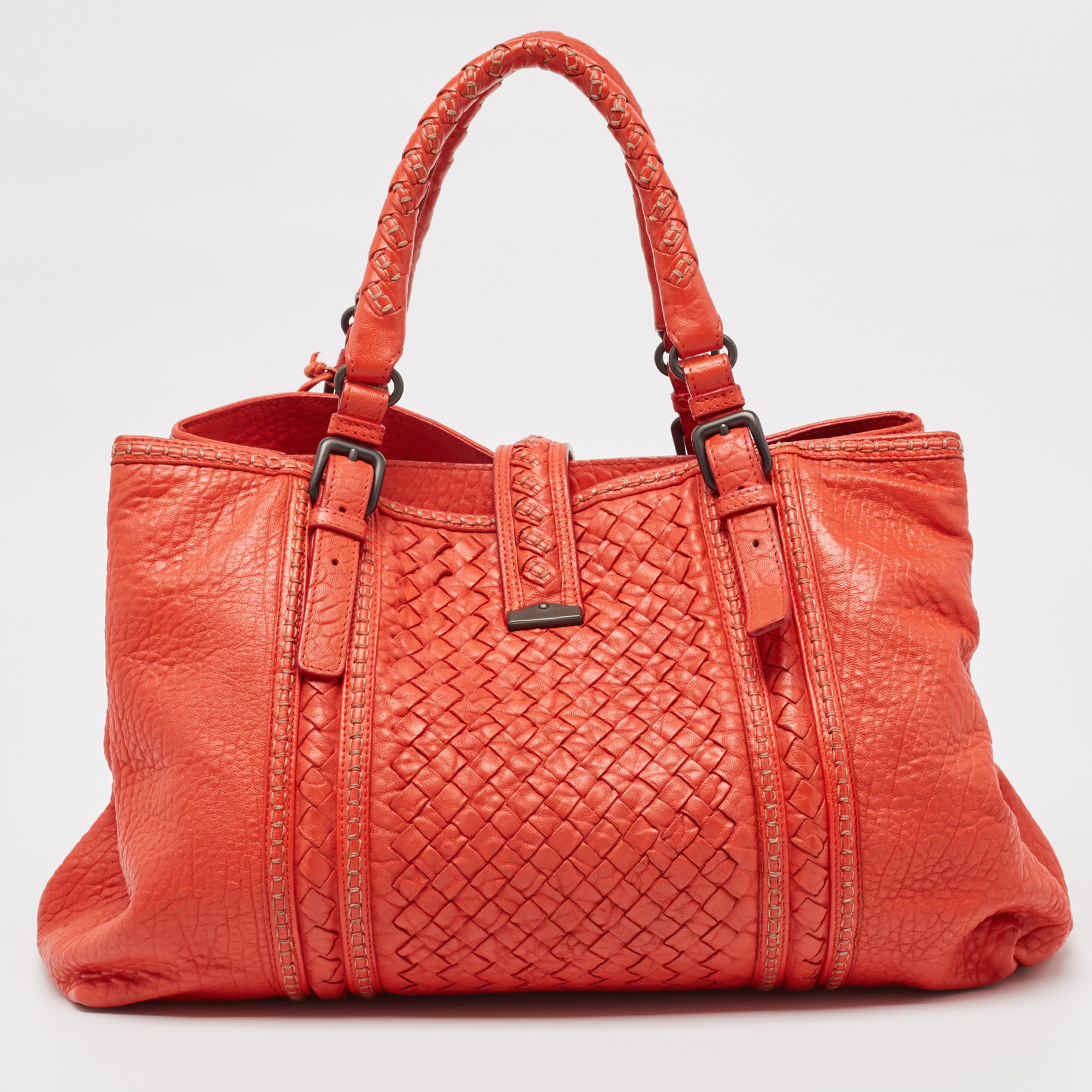 Bottega Veneta Red Intrecciato Leather Large Roma Stitch Tote