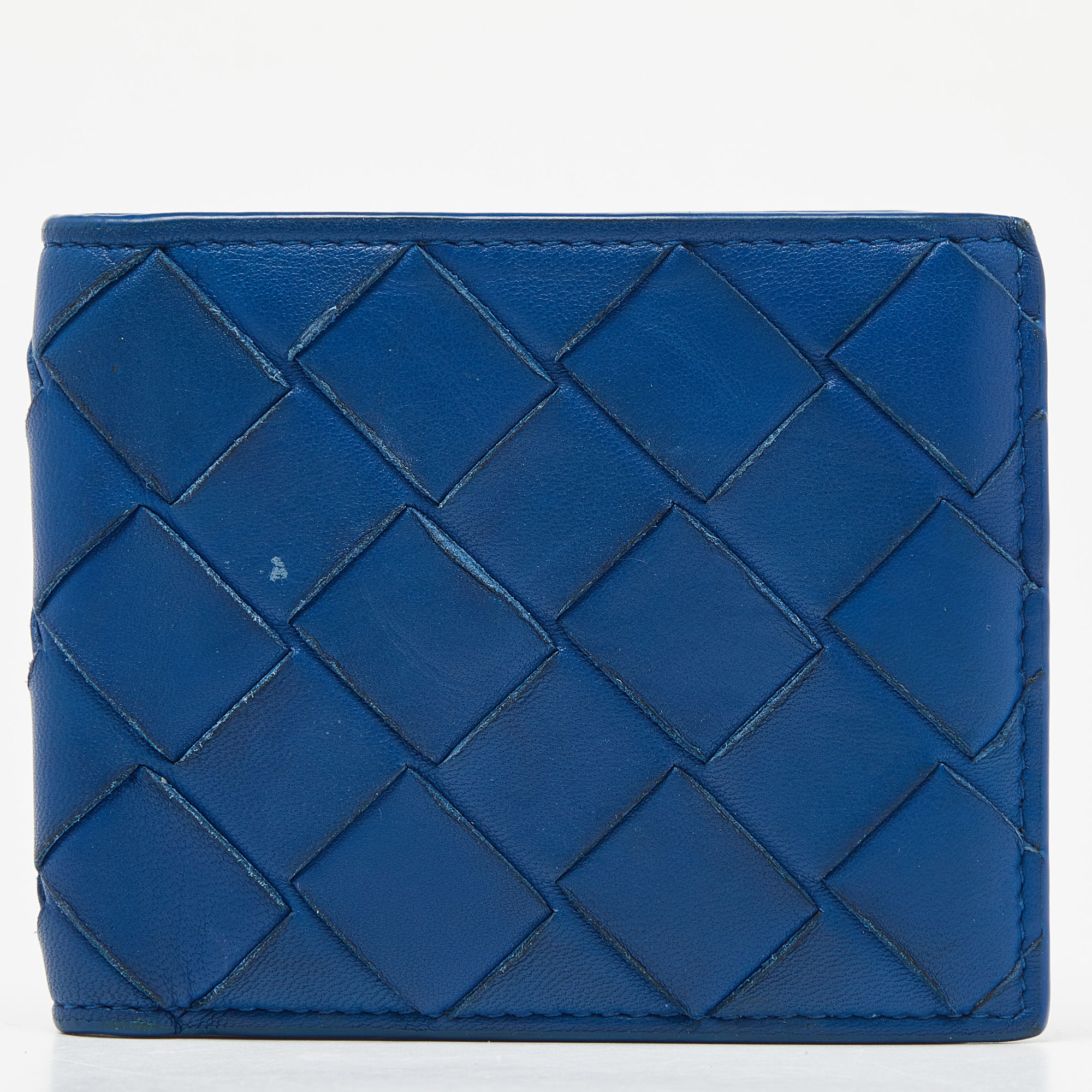 Bottega veneta blue intrecciato leather bifold wallet