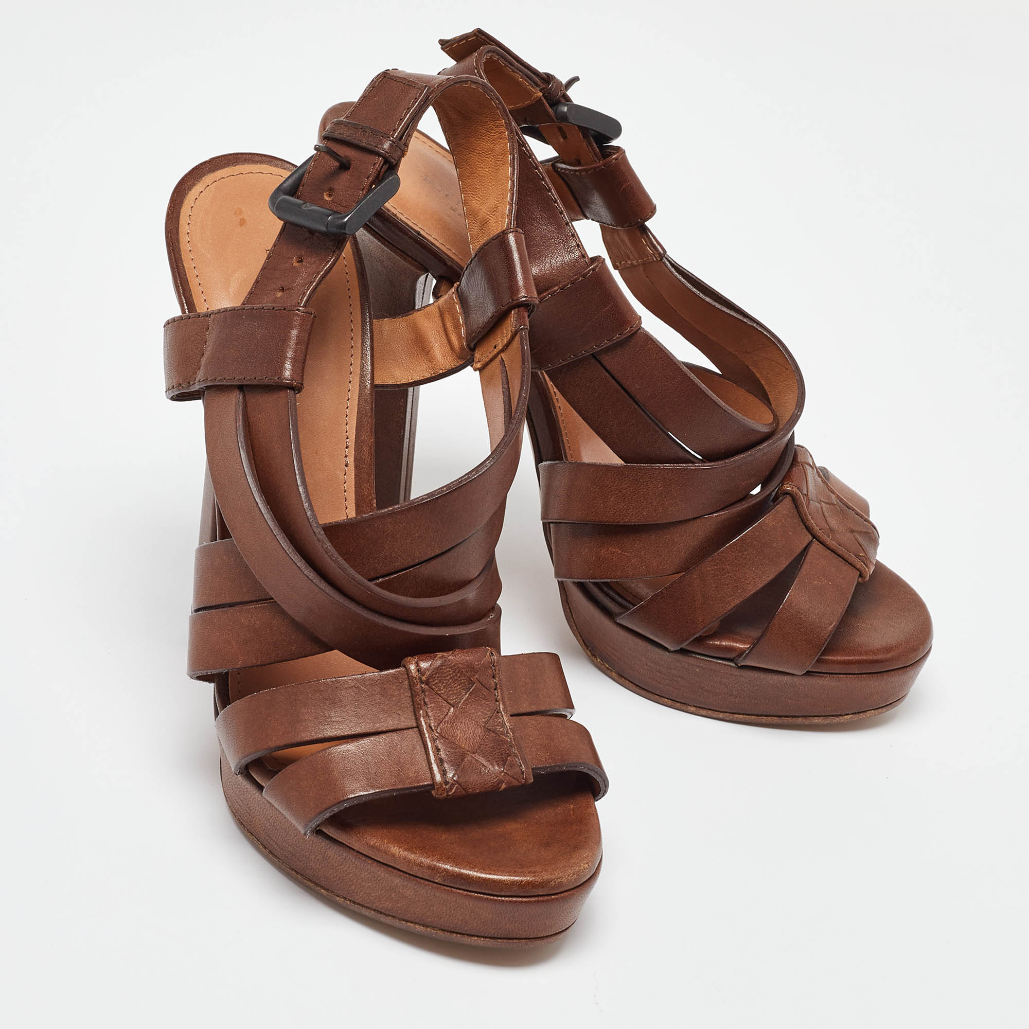 Bottega Veneta Brown Leather Criss Cross Strappy Platform Sandals Size 36