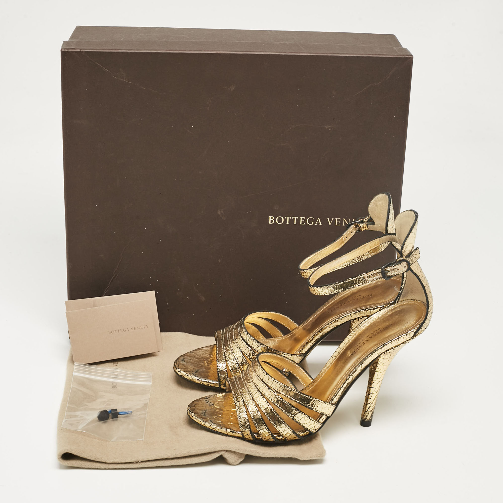 Bottega Veneta Gold Laminated Suede Ankle Strap Sandals Size 36