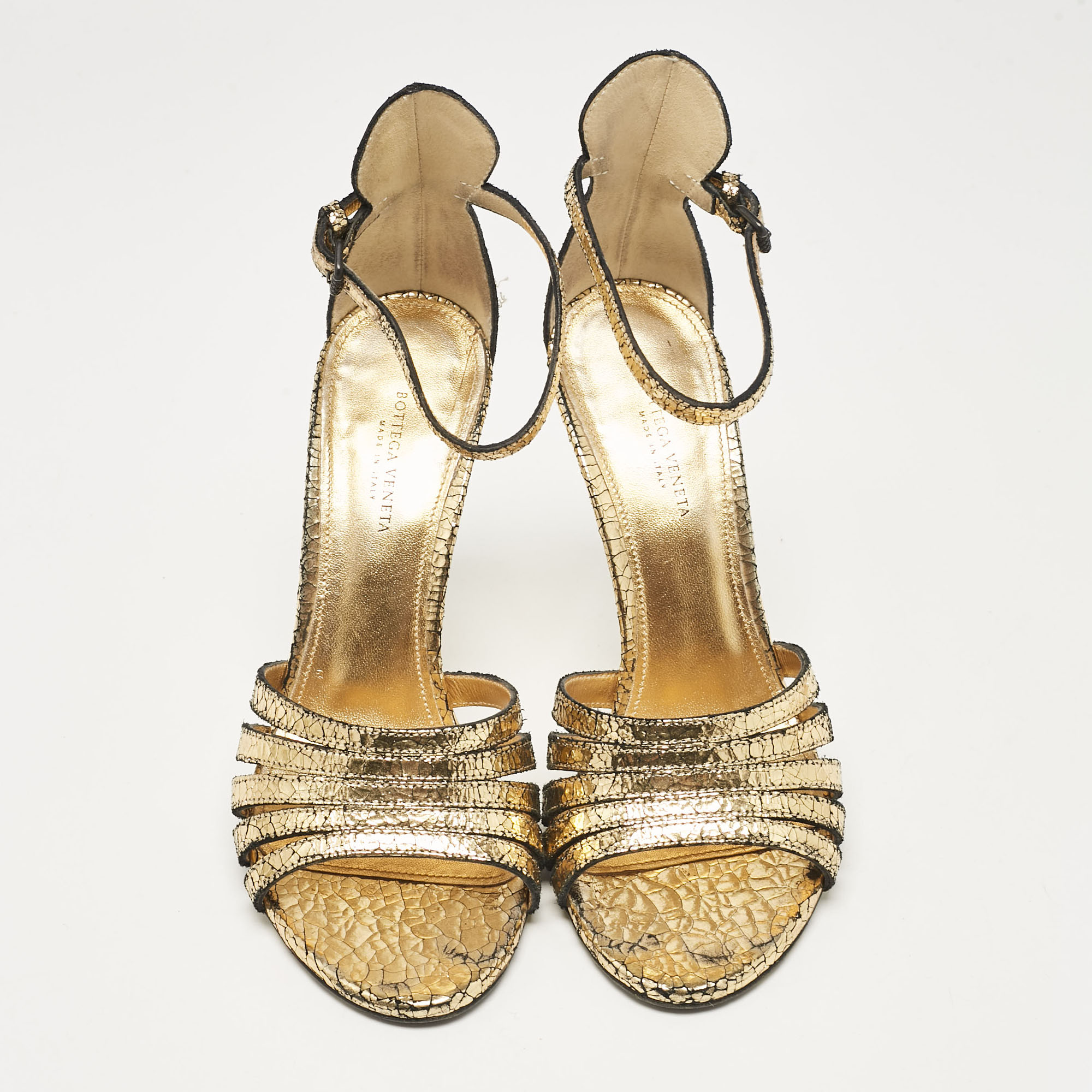 Bottega Veneta Gold Laminated Suede Ankle Strap Sandals Size 36