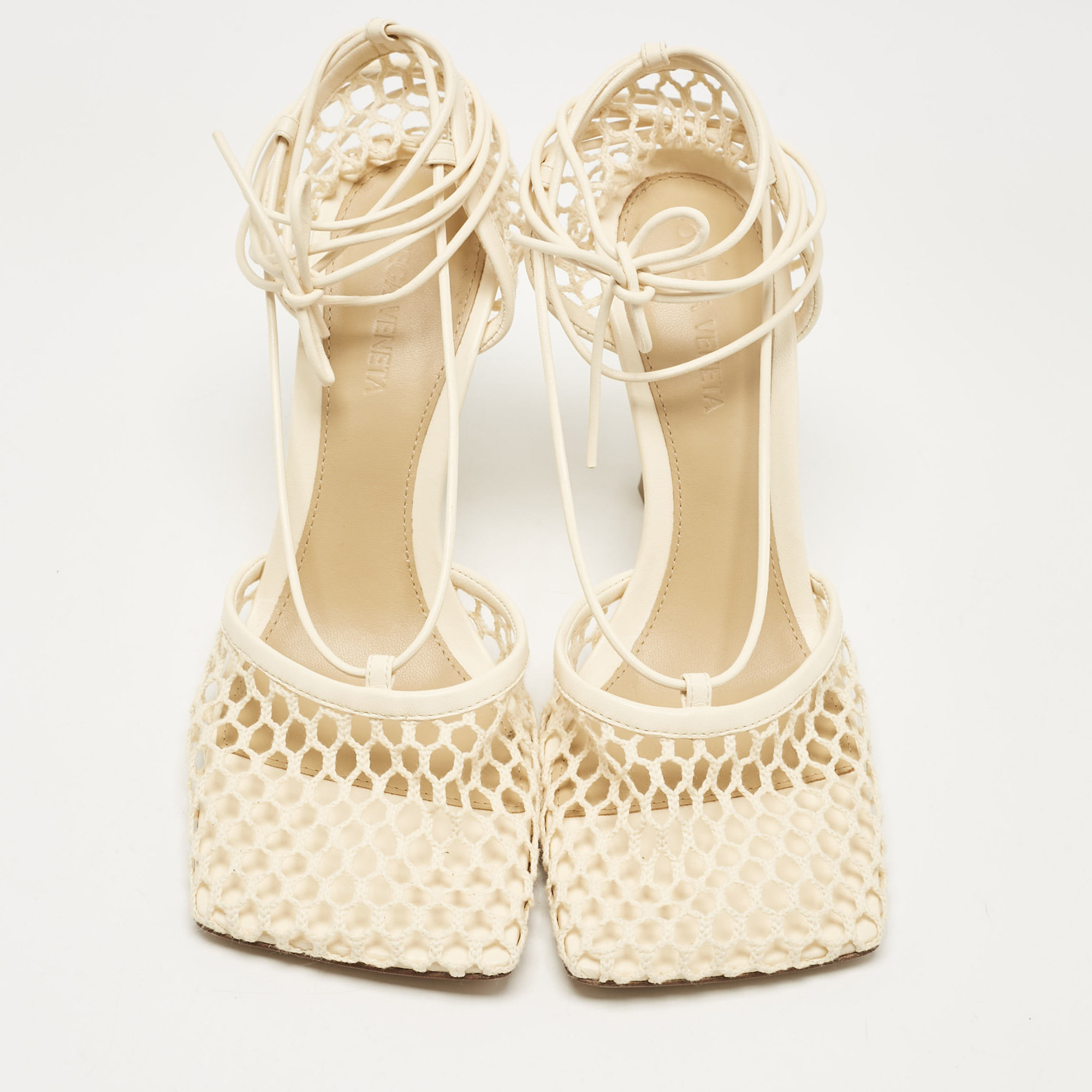 Bottega Veneta Cream Leather And Mesh Stretch Ankle Strap Sandals Size 37.5